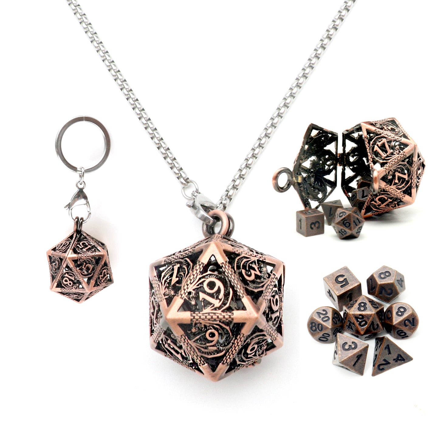 Haxtec Mini Metal Dice Set D&D with Hollow D20 Dice Case Metal Keychain Dice