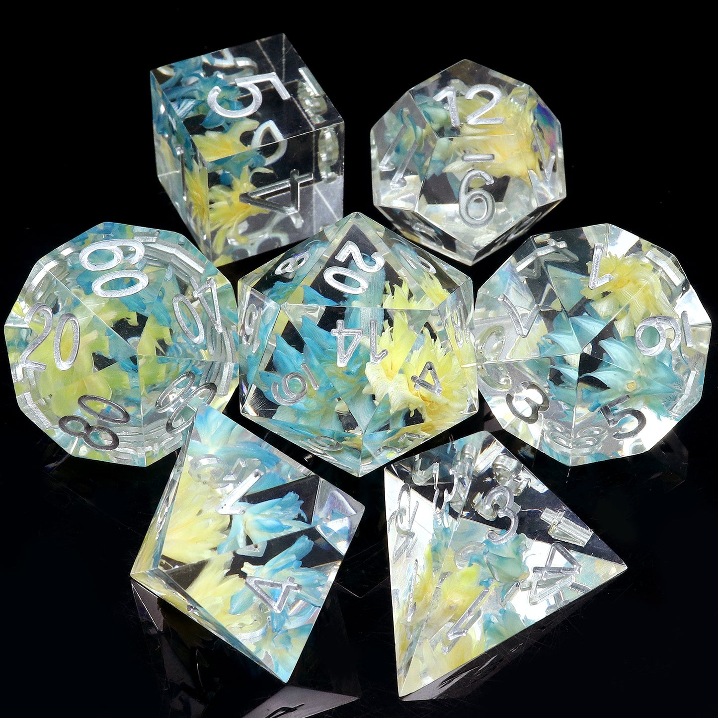 Haxtec Flower Sharp Edge Dice Set Blue Yellow DND Dice D&D Dice for Dungeons and Dragons Gift