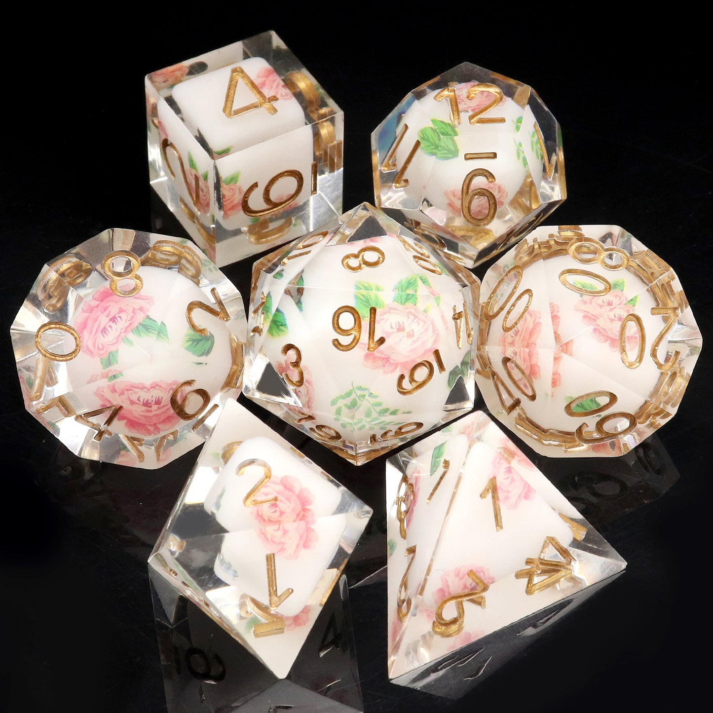 Haxtec Flower Sharp Edge Dice Set DND Dice Pink Rose Sticker D&D Dice for RPG Role Playing Dungeons and Dragons Gift