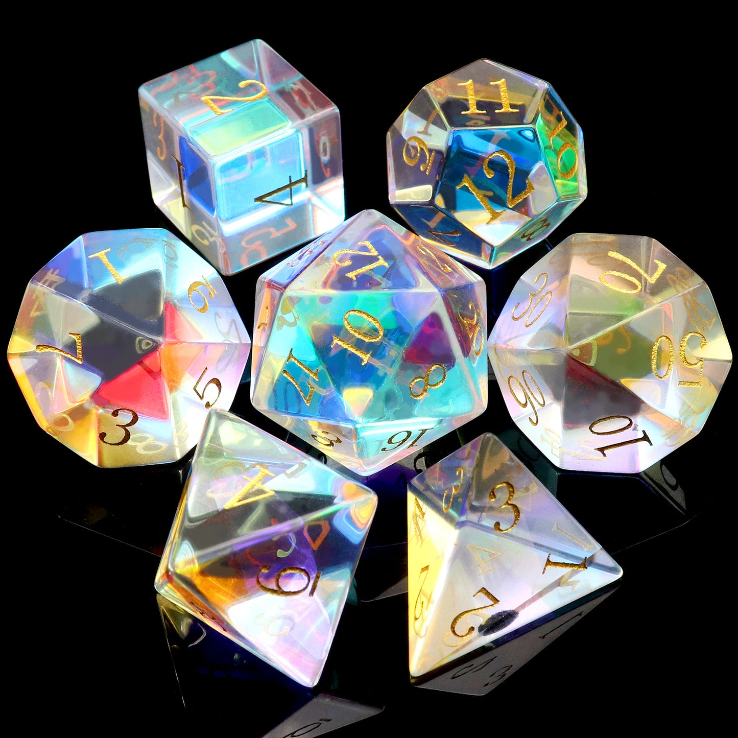 Haxtec Rainbow Glass Dice Set with Dice Case-Dichroic Prism Glass Gemstone DND Dice