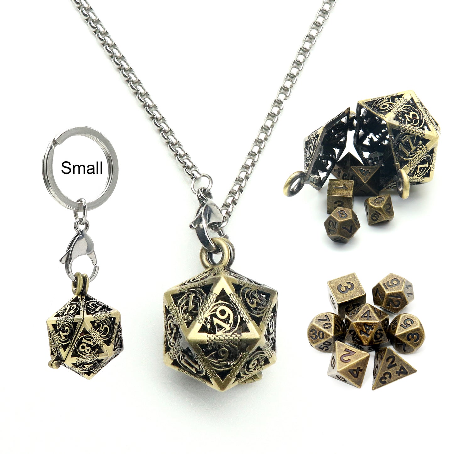 Haxtec Mini Metal Dice Set D&D 20mm Hollow D20 Dice Necklace Dice with 28" Chain Antique Dice