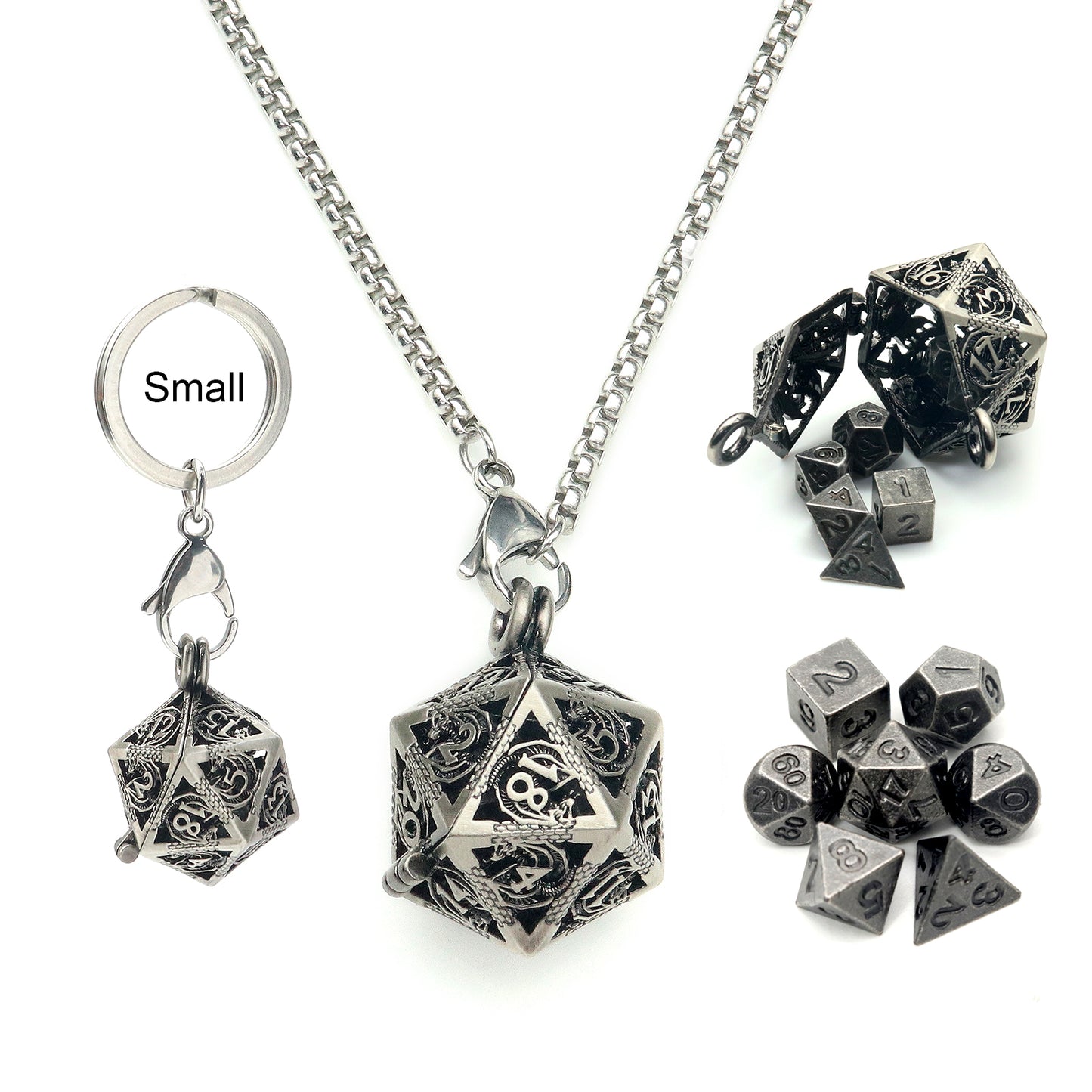 Haxtec Mini Metal Dice Set D&D 20mm Hollow D20 Dice Necklace Dice with 28" Chain Antique Dice