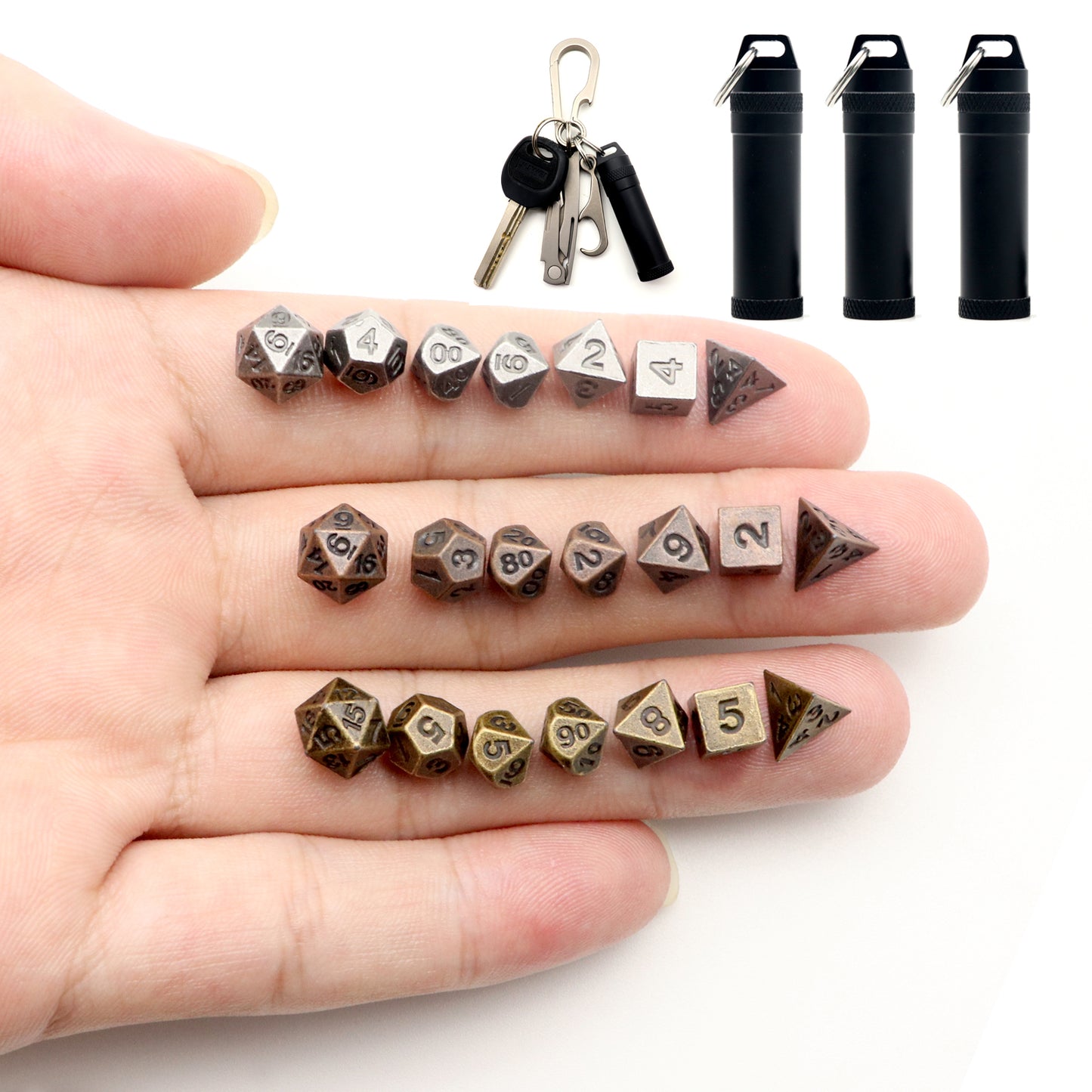 Haxtec Mini Metal Dice Set D&D for DND Game with Metal Keychain Dice Case-Antique Iron