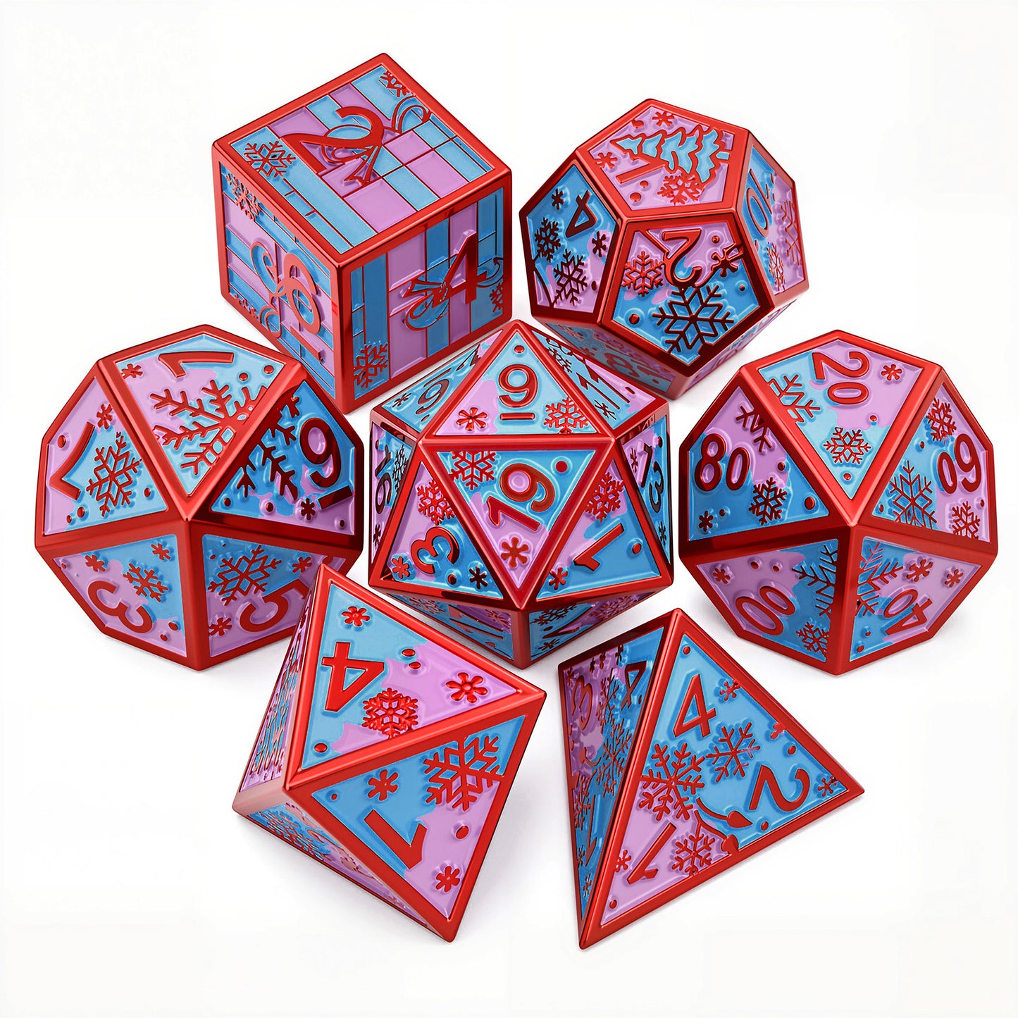 Haxtec Christmas Metal DnD Dice with Leather Pouch - Red Green with Gold Edge