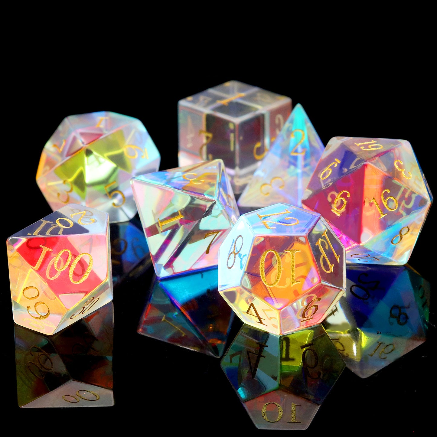 Haxtec Rainbow Glass Dice Set with Dice Case-Dichroic Prism Glass Gemstone DND Dice