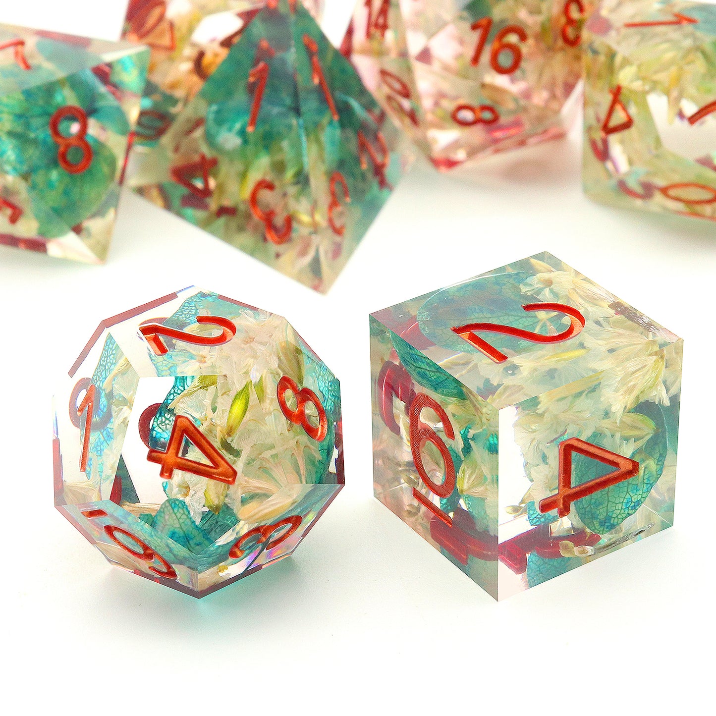 Haxtec Flower Sharp Edge Dice Set DND Dice Teal Leaf D&D Dice for Dungeons and Dragons Gift