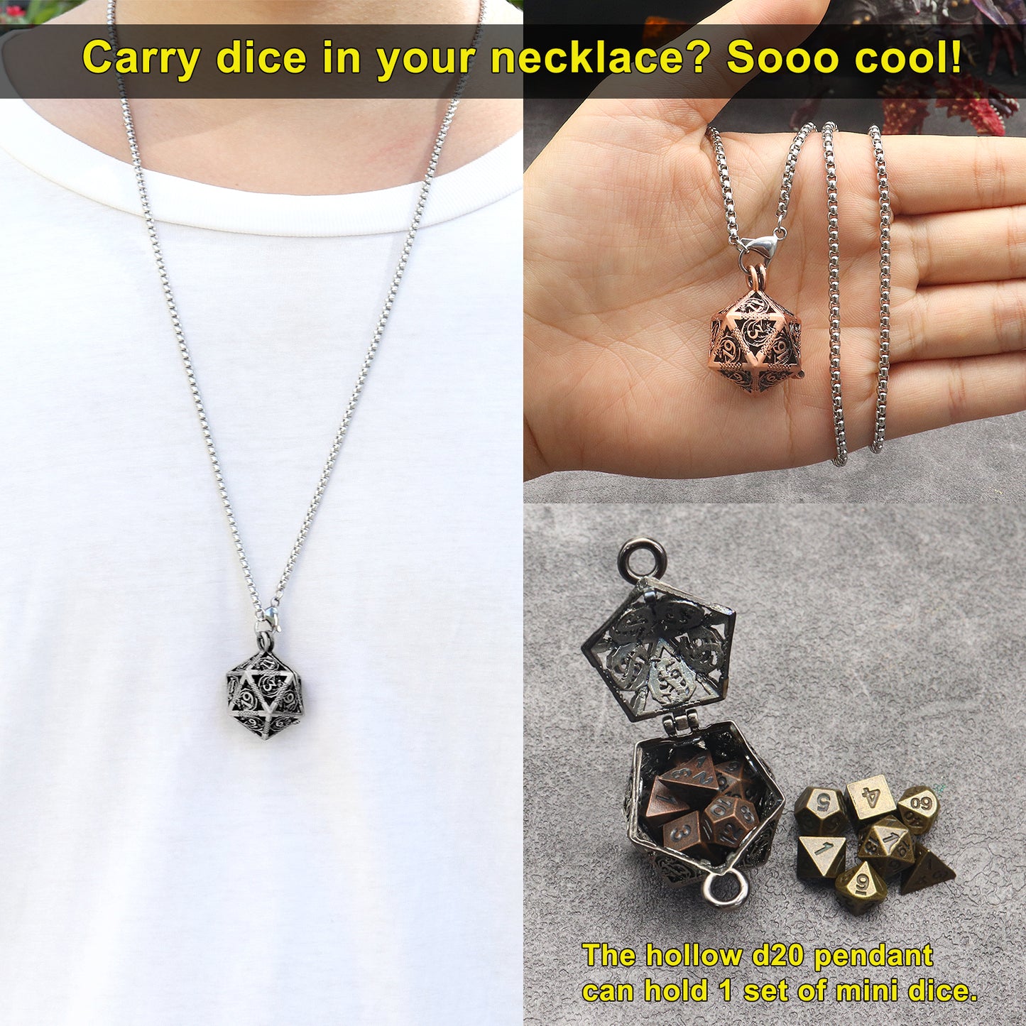 Haxtec Mini Metal Dice Set D&D 20mm Hollow D20 Dice Necklace Dice with 28" Chain Antique Dice