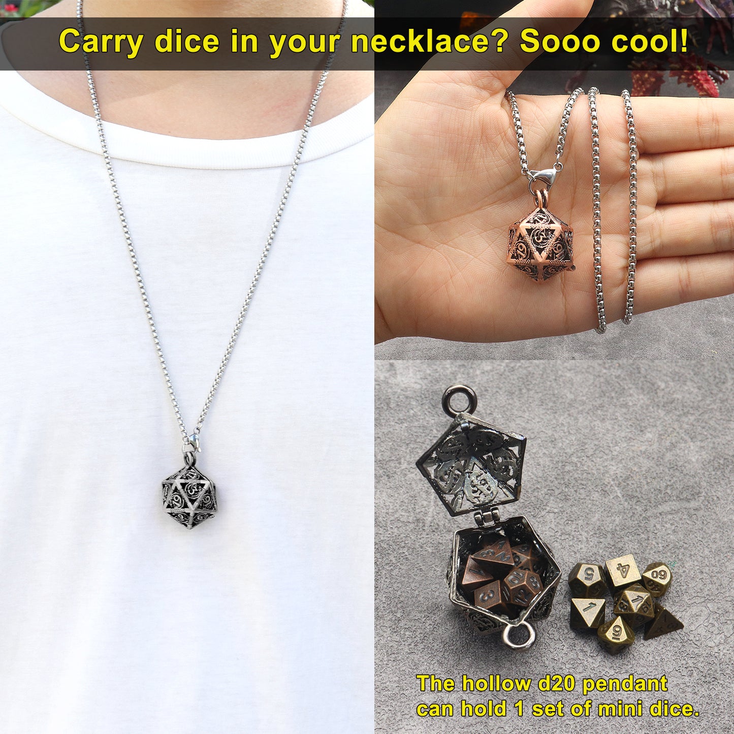 Haxtec Mini Metal Dice Set D&D 20mm Hollow D20 Dice Necklace Dice with 28" Chain Antique Dice