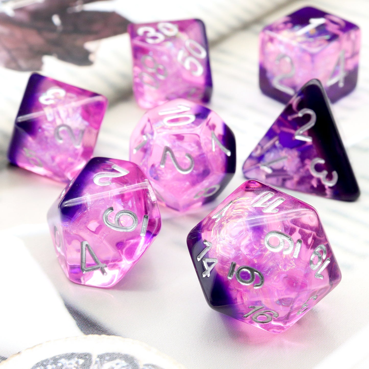 Haxtec DND Dice Set 7PCS Purple Galaxy Polyhedral Resin Dice Set With Iridescent Mylar Inclusions