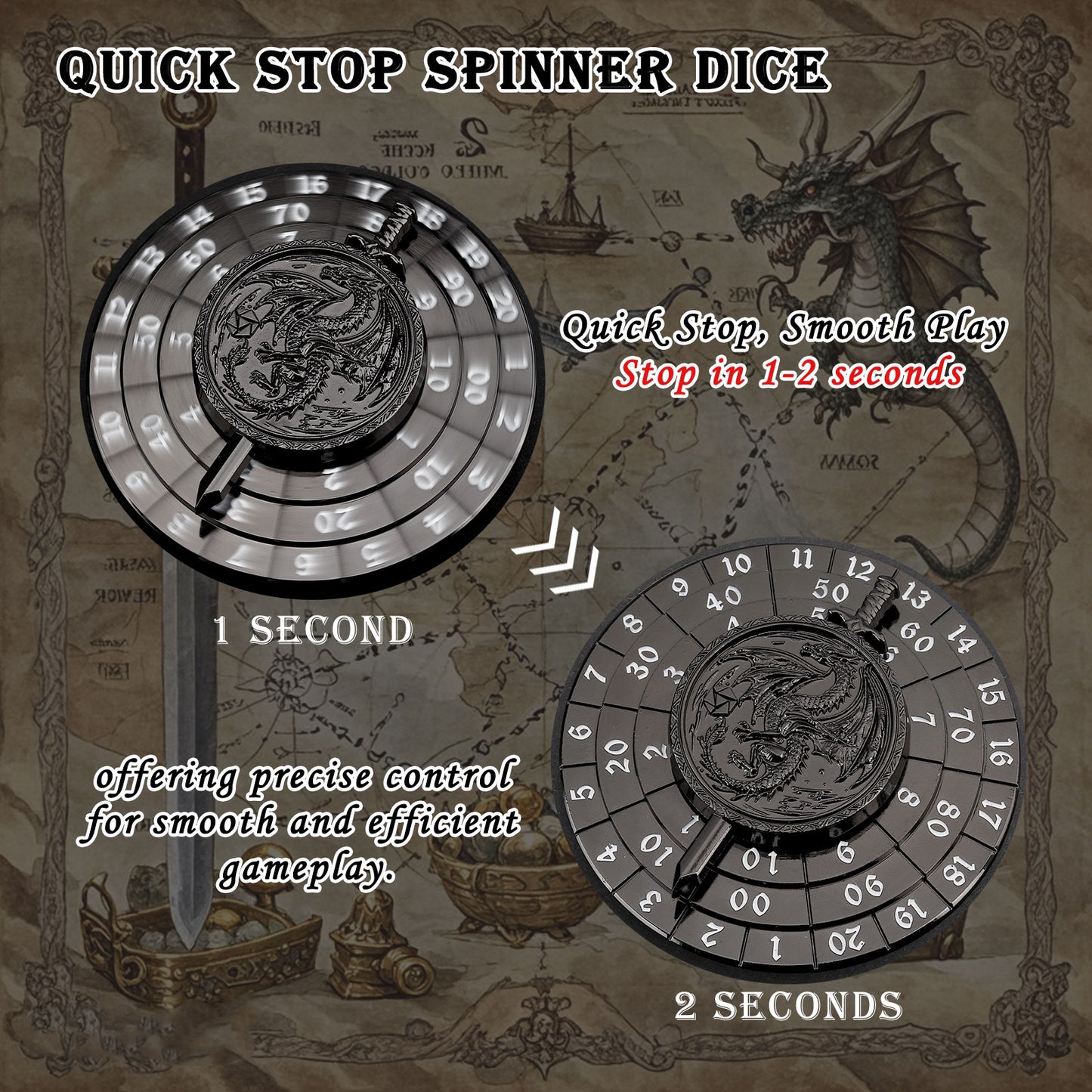 Spinner Dice 7-in-1 Metal DND Dice Set Fidget Spinner Dice Dragon Sword Novelty DND Gifts Black White