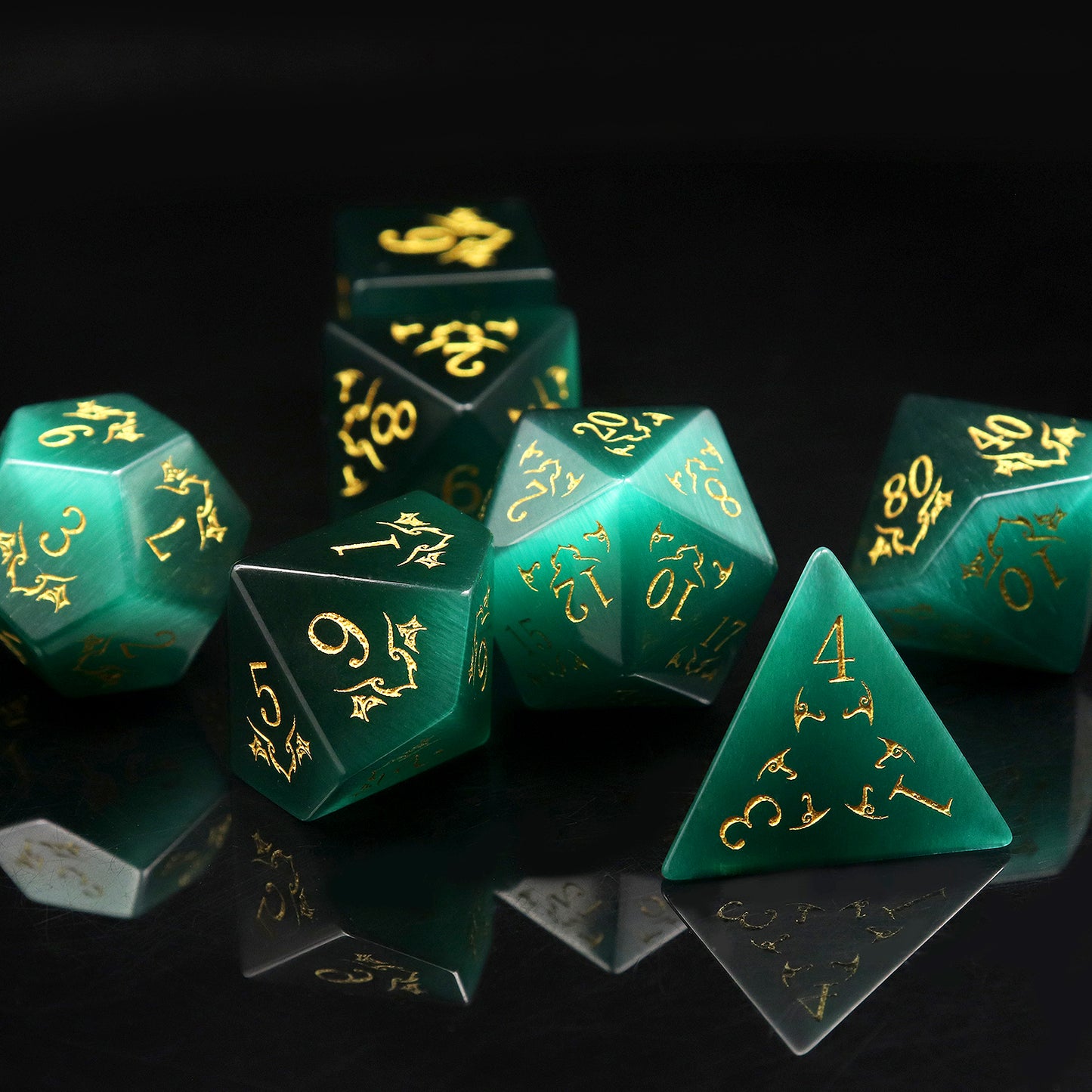 Haxtec Emerald Green Cat Eye Gemstone Dice Set with Premium Dice Case