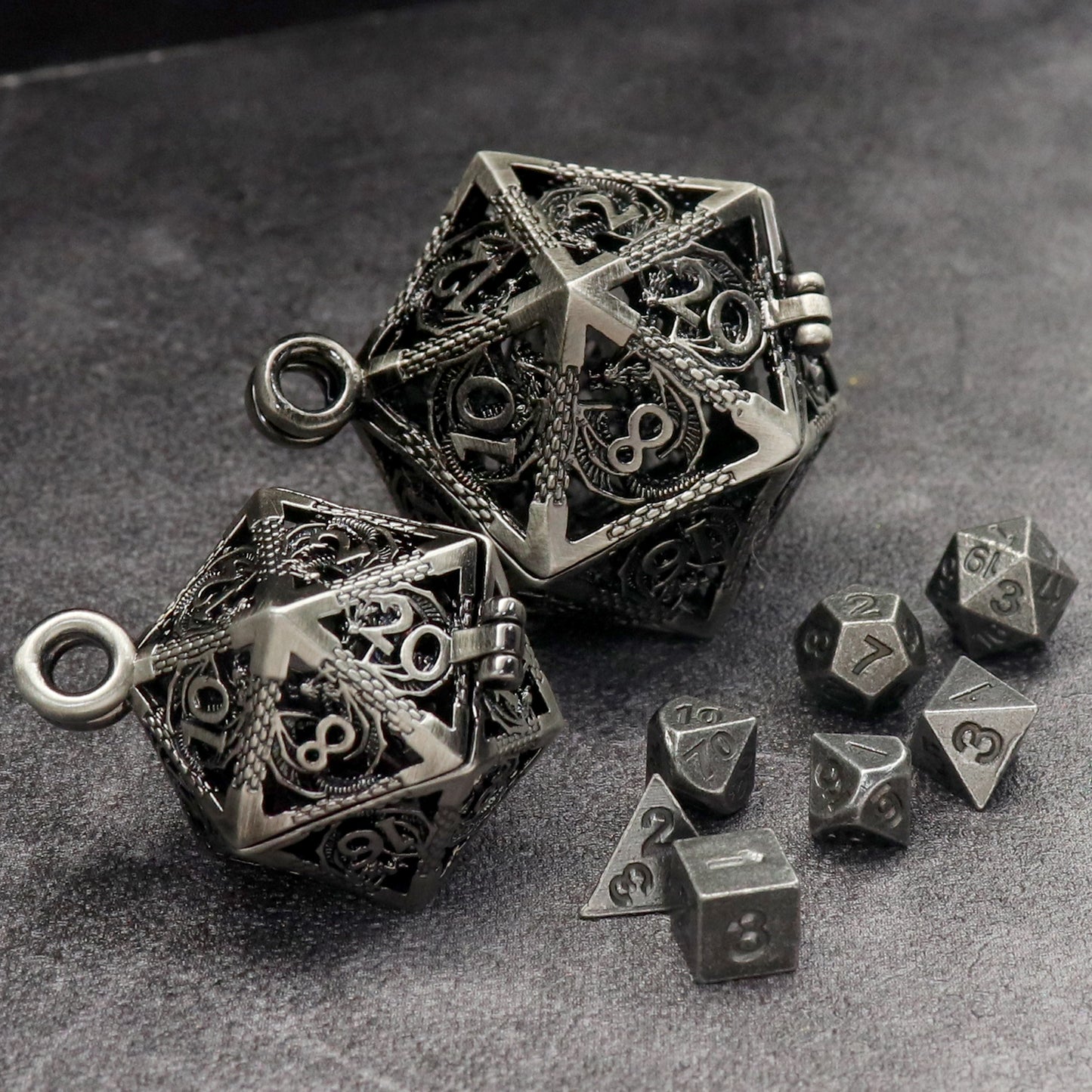 Haxtec Mini Metal Dice Set D&D 20mm Hollow D20 Dice Necklace Dice with 28" Chain Antique Dice