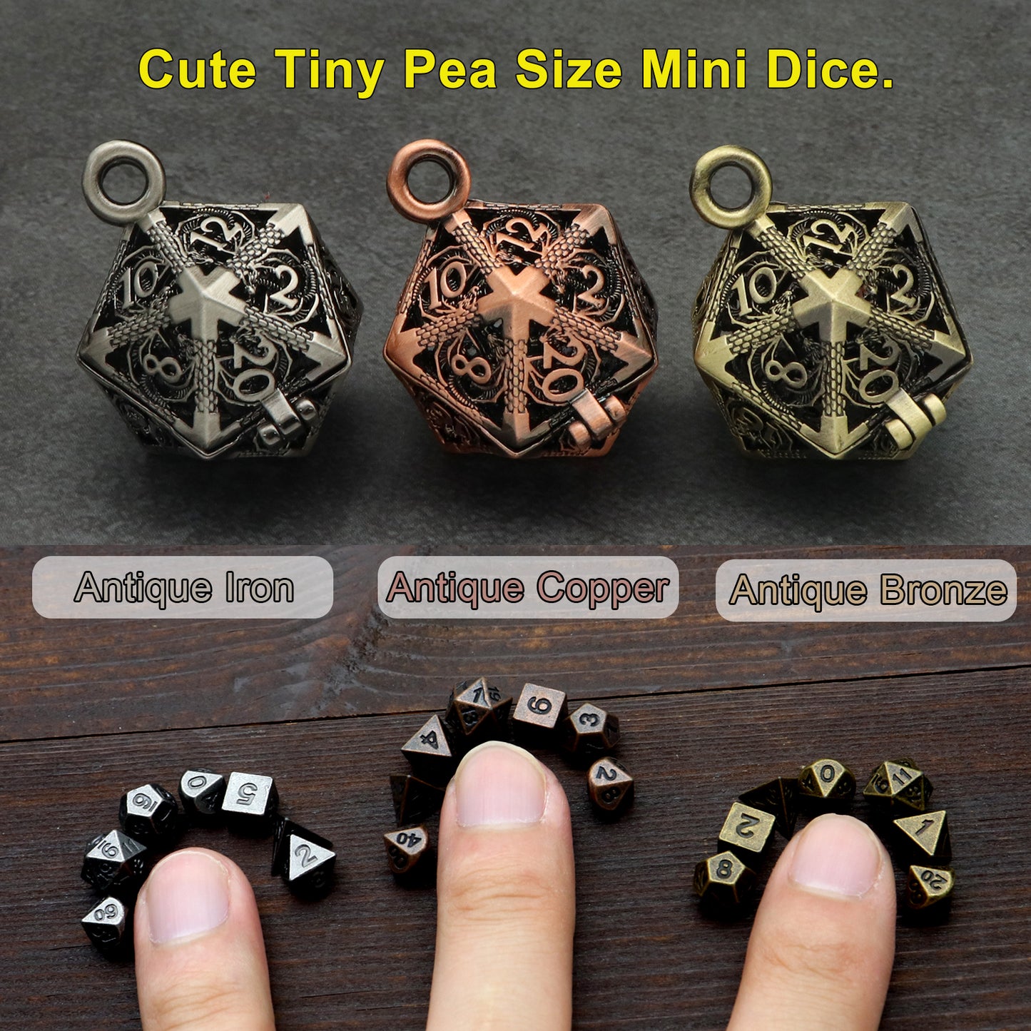 Haxtec Mini Metal Dice Set D&D 20mm Hollow D20 Dice Necklace Dice with 28" Chain Antique Dice