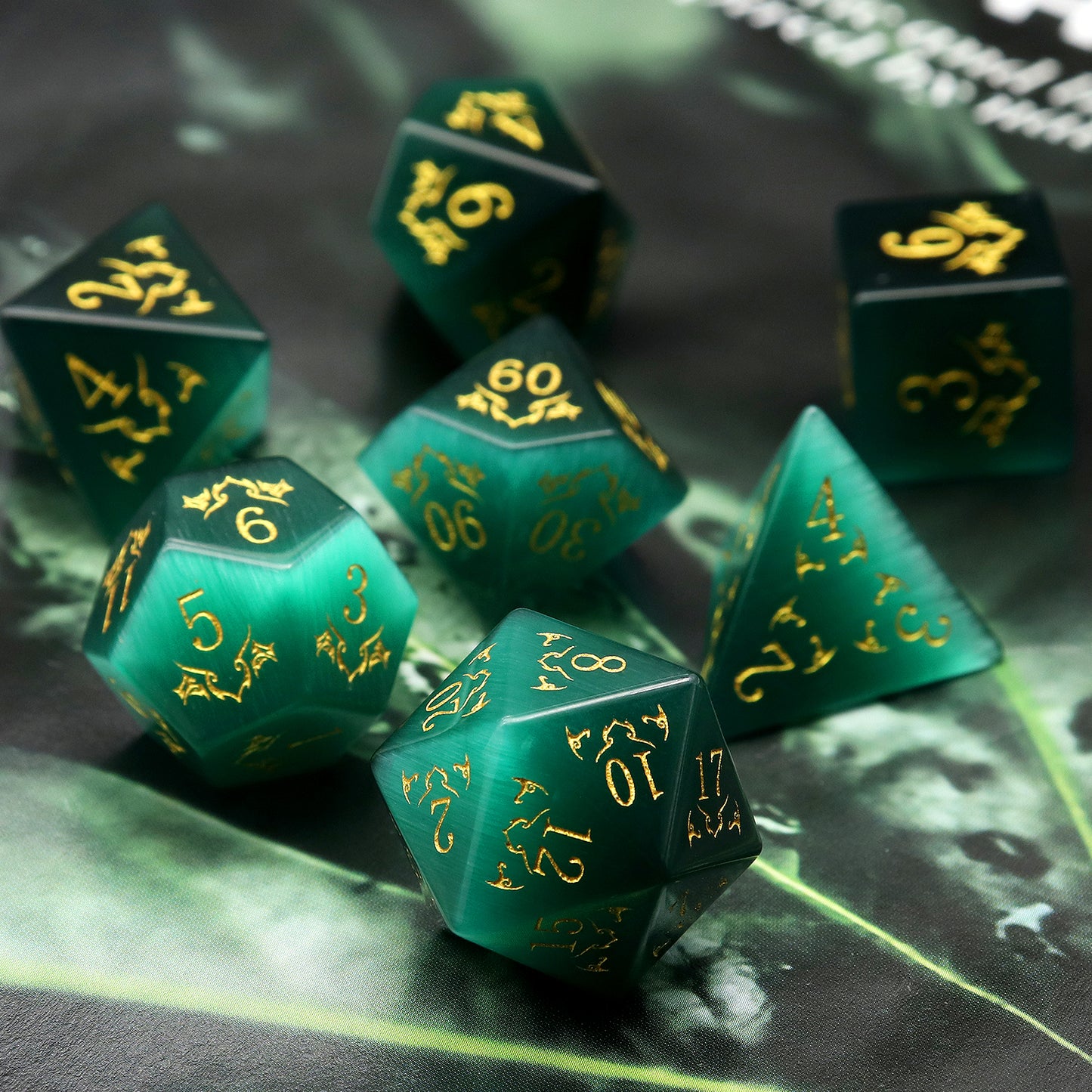 Haxtec Emerald Green Cat Eye Gemstone Dice Set with Premium Dice Case