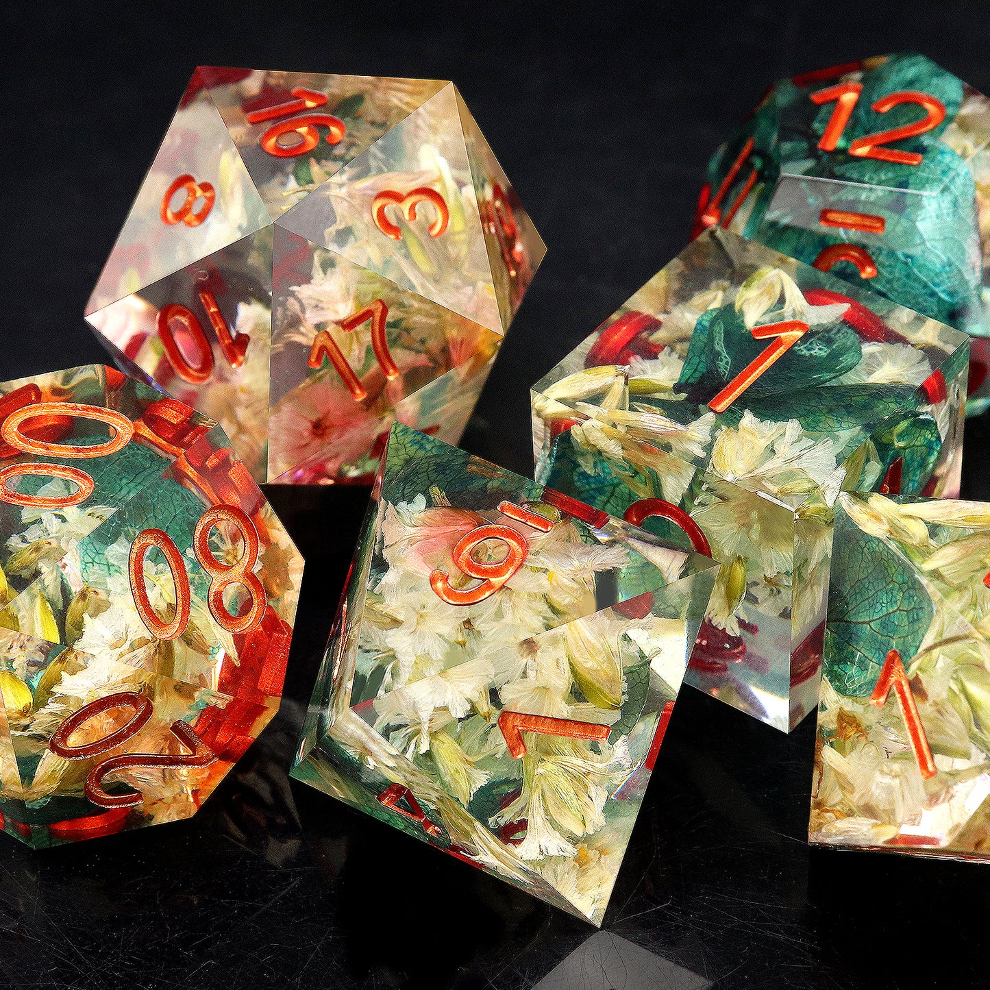 Haxtec Flower Sharp Edge Dice Set DND Dice Teal Leaf D&D Dice for Dungeons and Dragons Gift