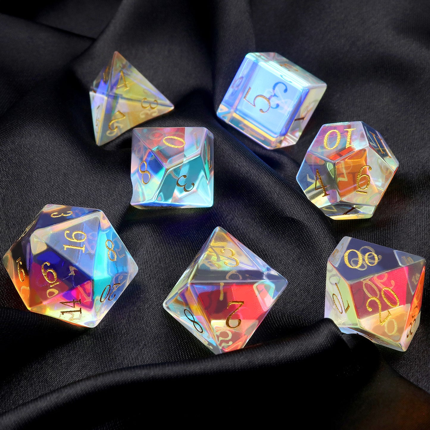 Haxtec Rainbow Glass Dice Set with Dice Case-Dichroic Prism Glass Gemstone DND Dice