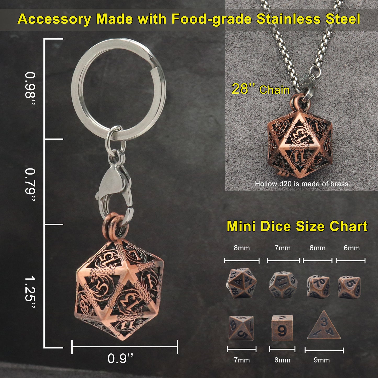 Haxtec Mini Metal Dice Set D&D 20mm Hollow D20 Dice Necklace Dice with 28" Chain Antique Dice