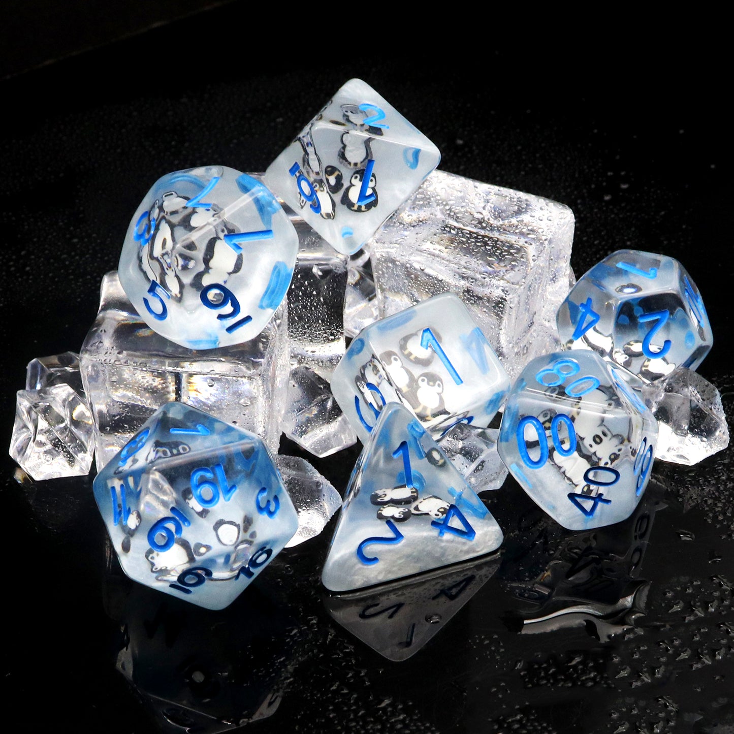 Haxtec DND Dice Set 7PCS Polyhedral Filled Resin Dice Set With Penguin Figures Inside-Penguin