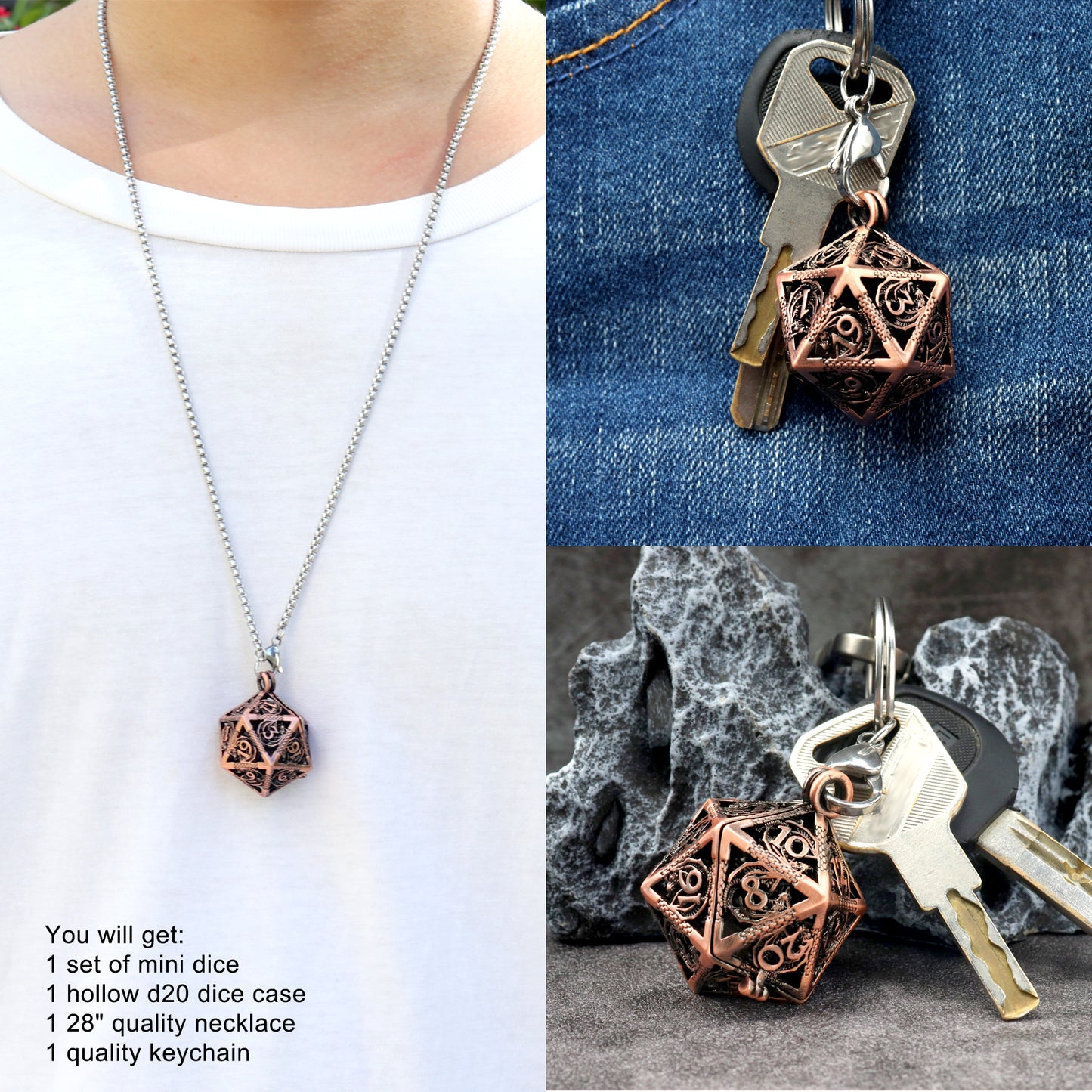 Haxtec Mini Metal Dice Set D&D with Hollow D20 Dice Case Metal Keychain Dice