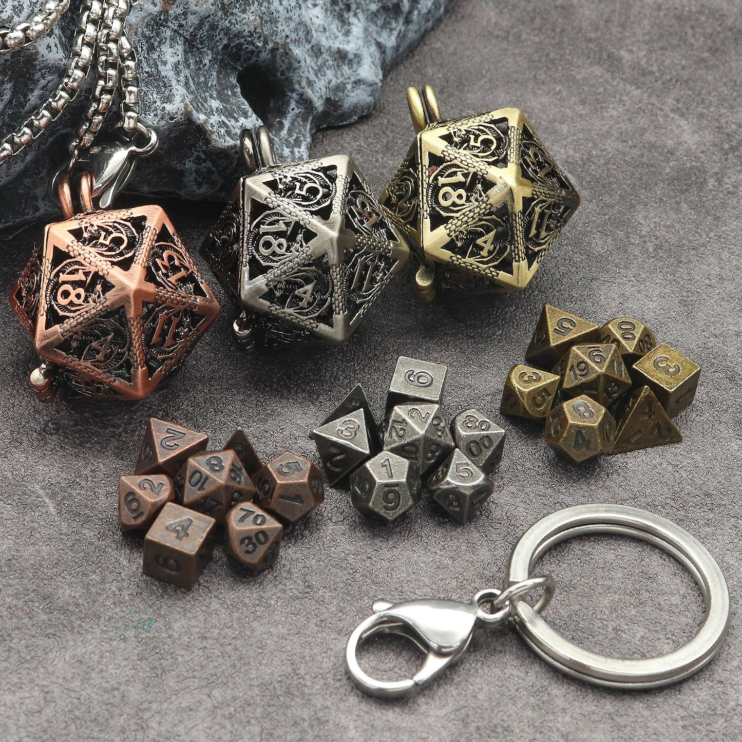 Haxtec Mini Metal Dice Set D&D 20mm Hollow D20 Dice Necklace Dice with 28" Chain Antique Dice