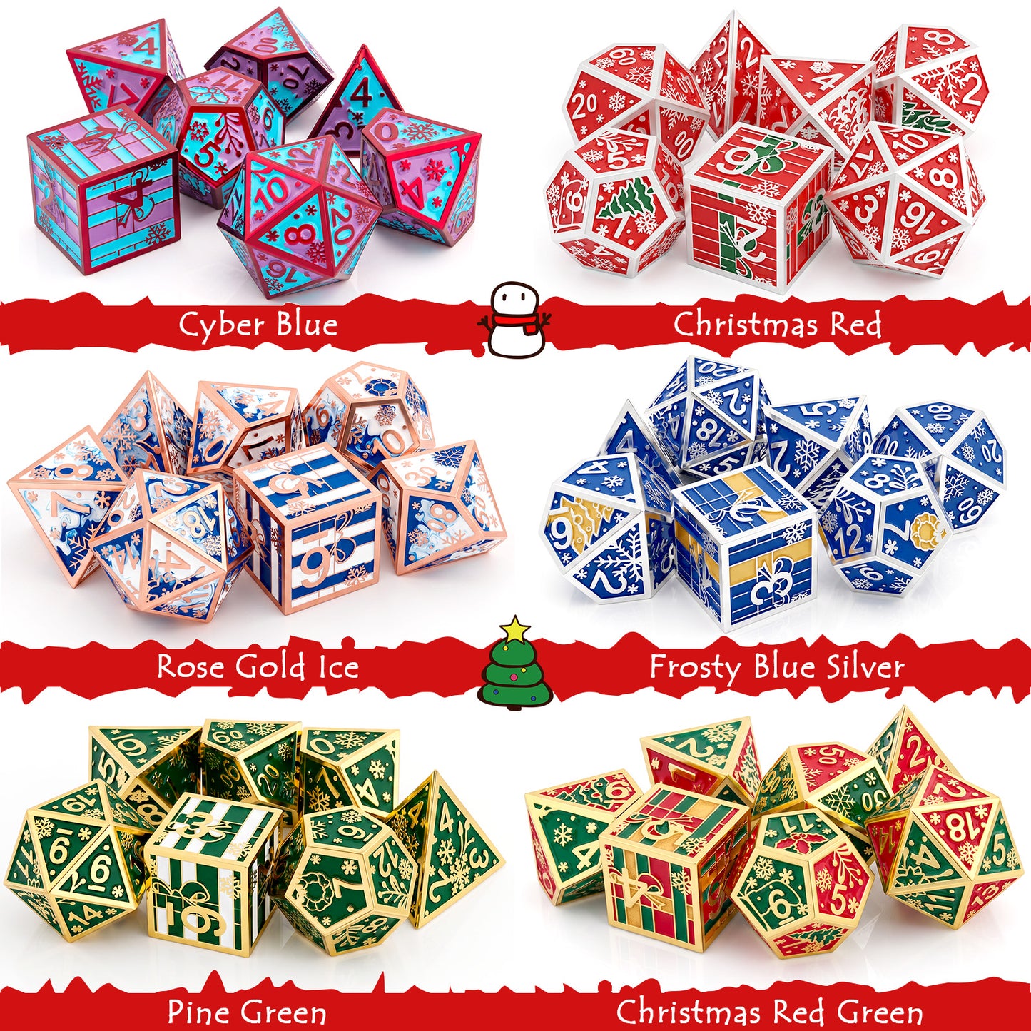 Haxtec Christmas Metal DnD Dice Set with Leather Pouch – Blue White with Rose Gold Edge