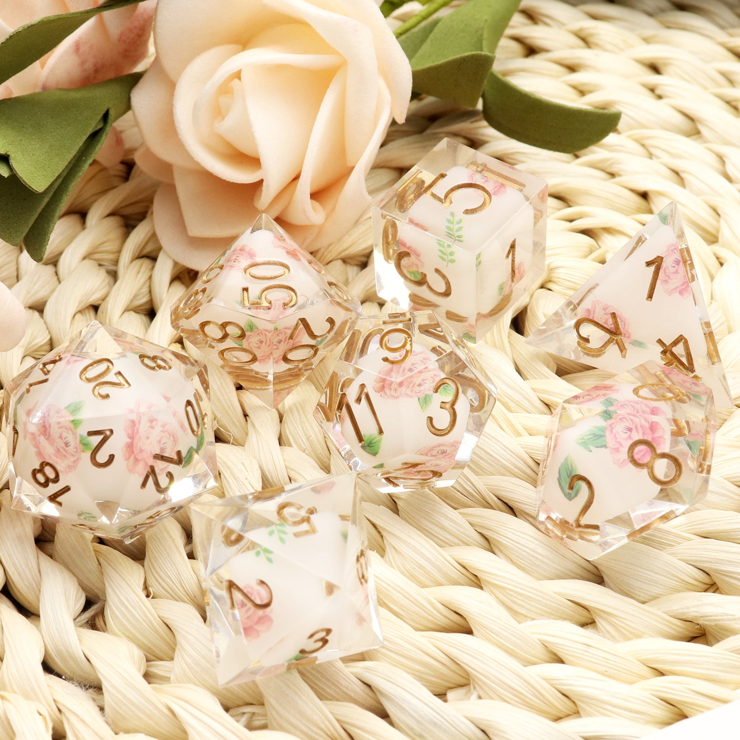 Haxtec Flower Sharp Edge Dice Set DND Dice Pink Rose Sticker D&D Dice for RPG Role Playing Dungeons and Dragons Gift