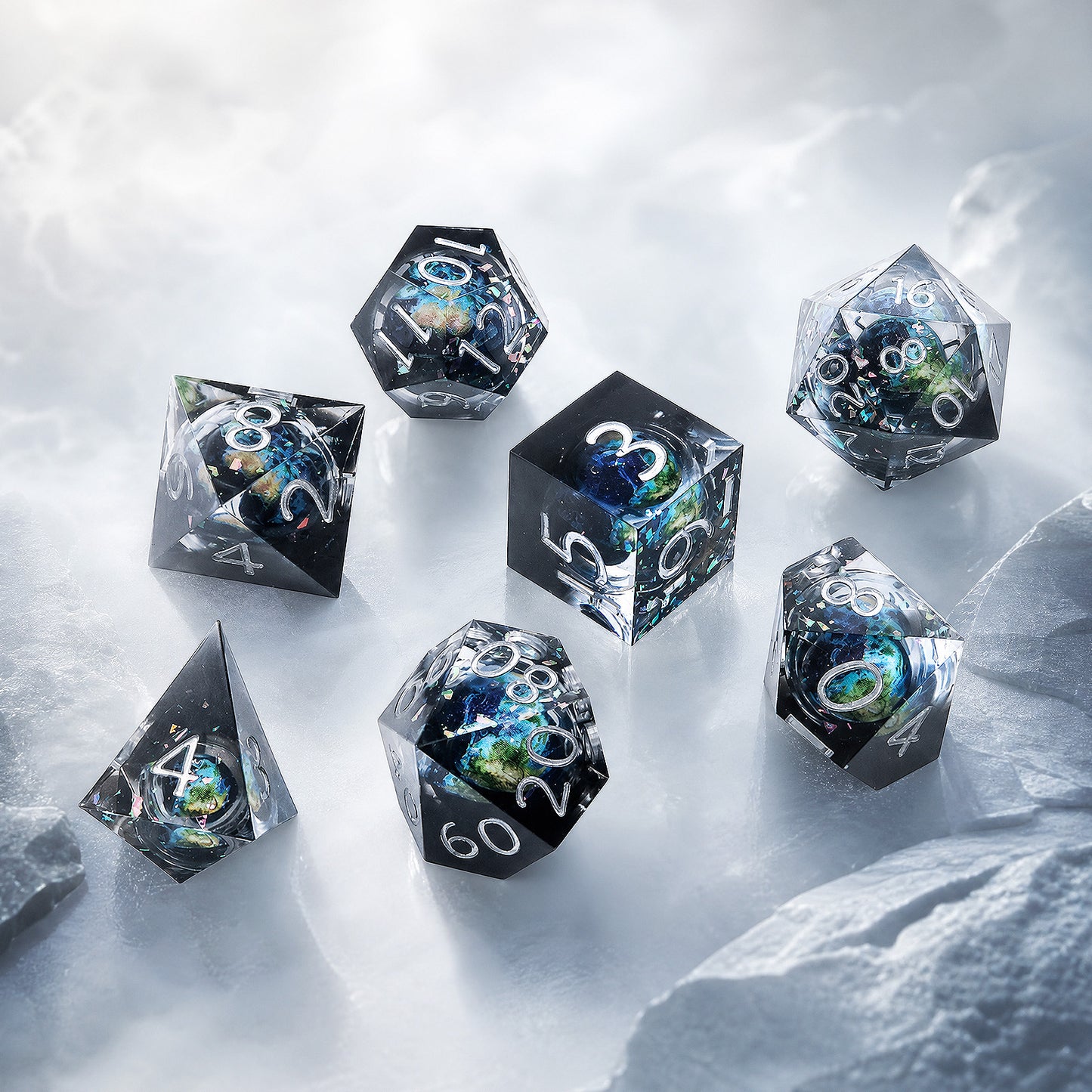 Haxtec Blue Planet Liquid Core Sharp Edge Resin DND Dice Set with Metal Case