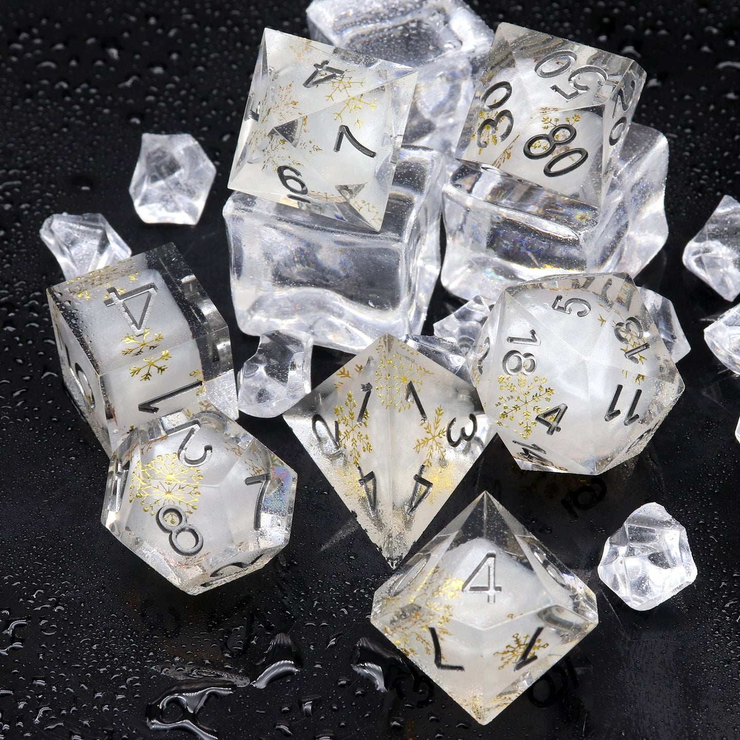 Haxtec Sharp Edge Dice Set Cute Gold Snow Flakes Christmas Resin DND Dice Set with Dice Case