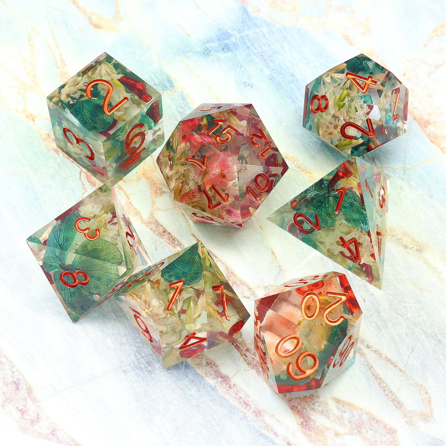 Haxtec Flower Sharp Edge Dice Set DND Dice Teal Leaf D&D Dice for Dungeons and Dragons Gift