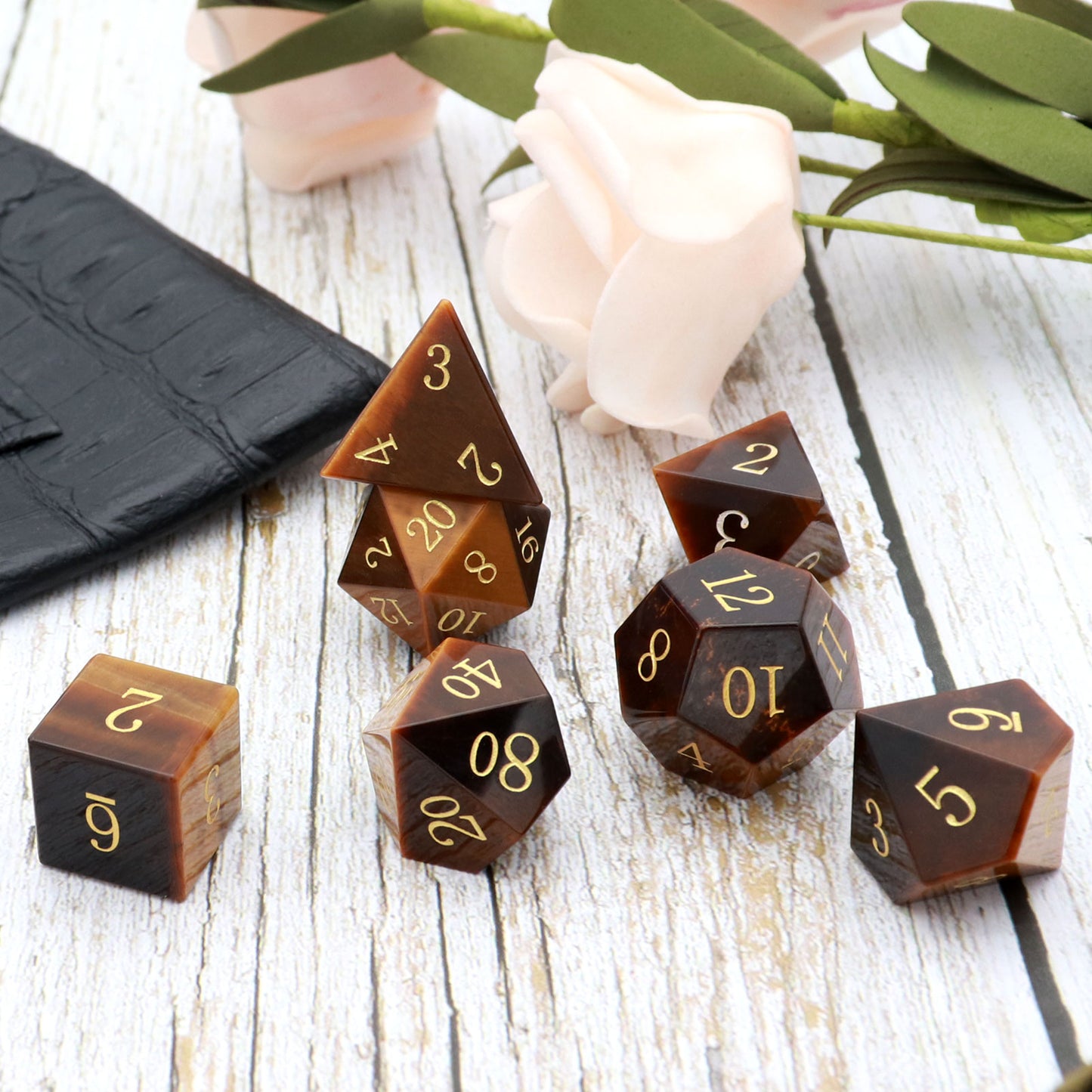 Haxtec Tiger's Eye Gemstone DND Dice Set with Premium Dice Case