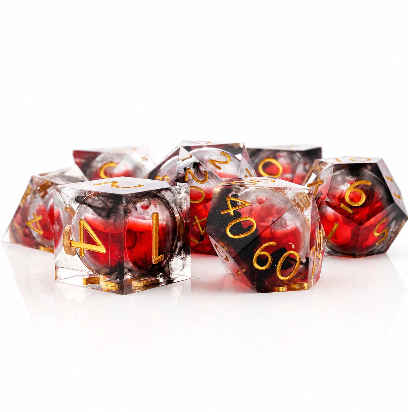 Haxtec Blood Black Red Liquid Core Sharp Edge Resin DND Dice Set Gold Numbering with Metal Case