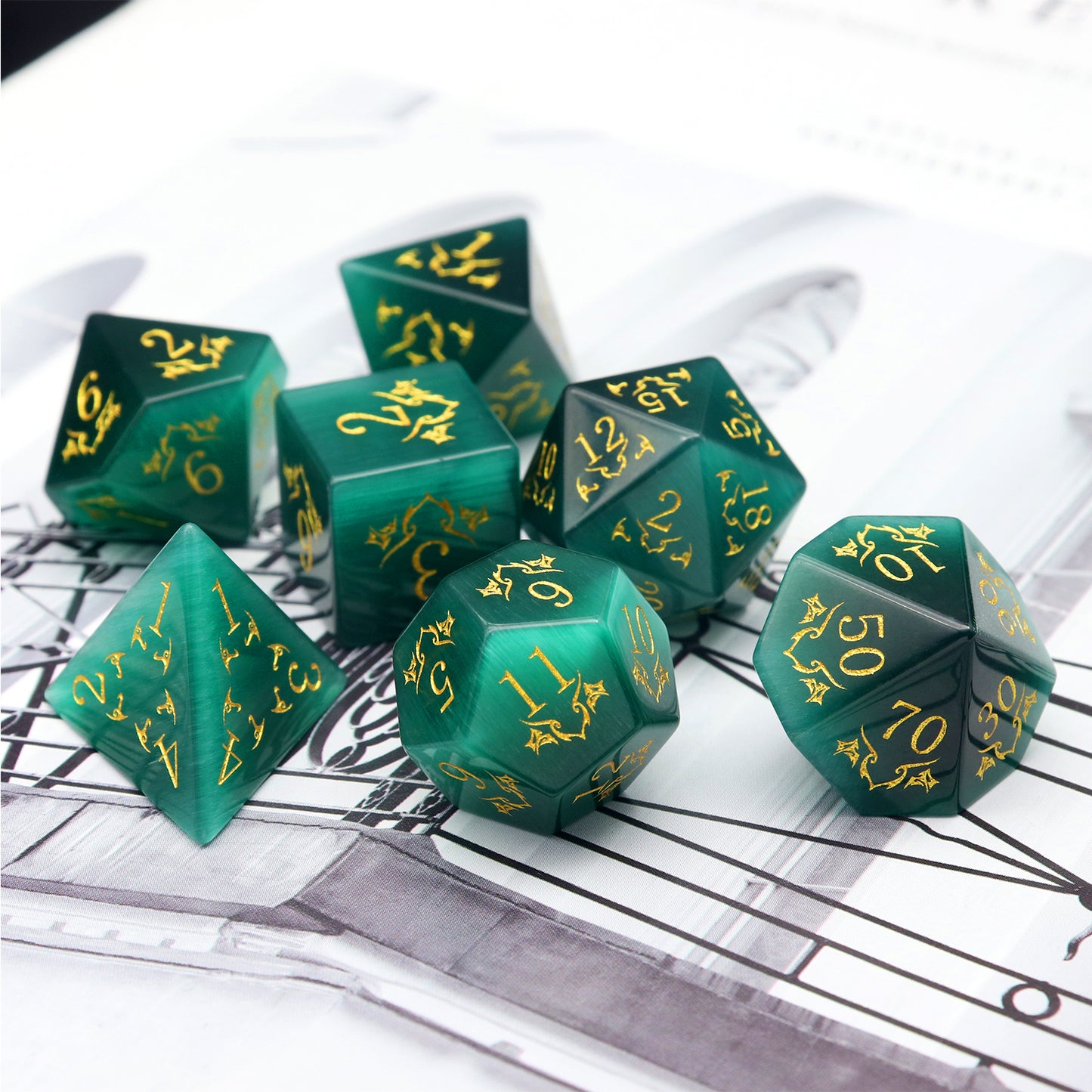 Haxtec Emerald Green Cat Eye Gemstone Dice Set with Premium Dice Case