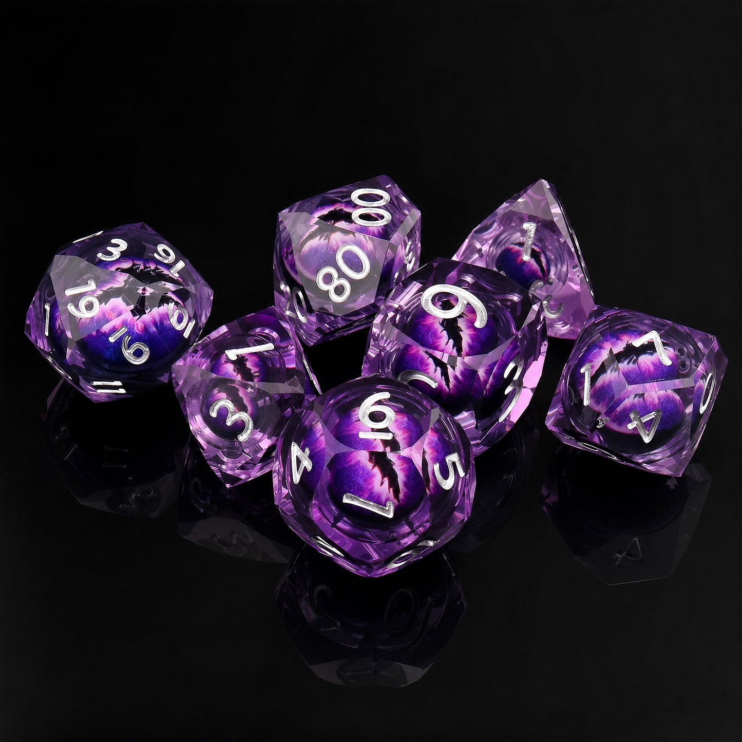 Haxtec Arcane Gaze Purple Eye Liquid Core Dice – Diamond-Cut Resin Set with Metal Case
