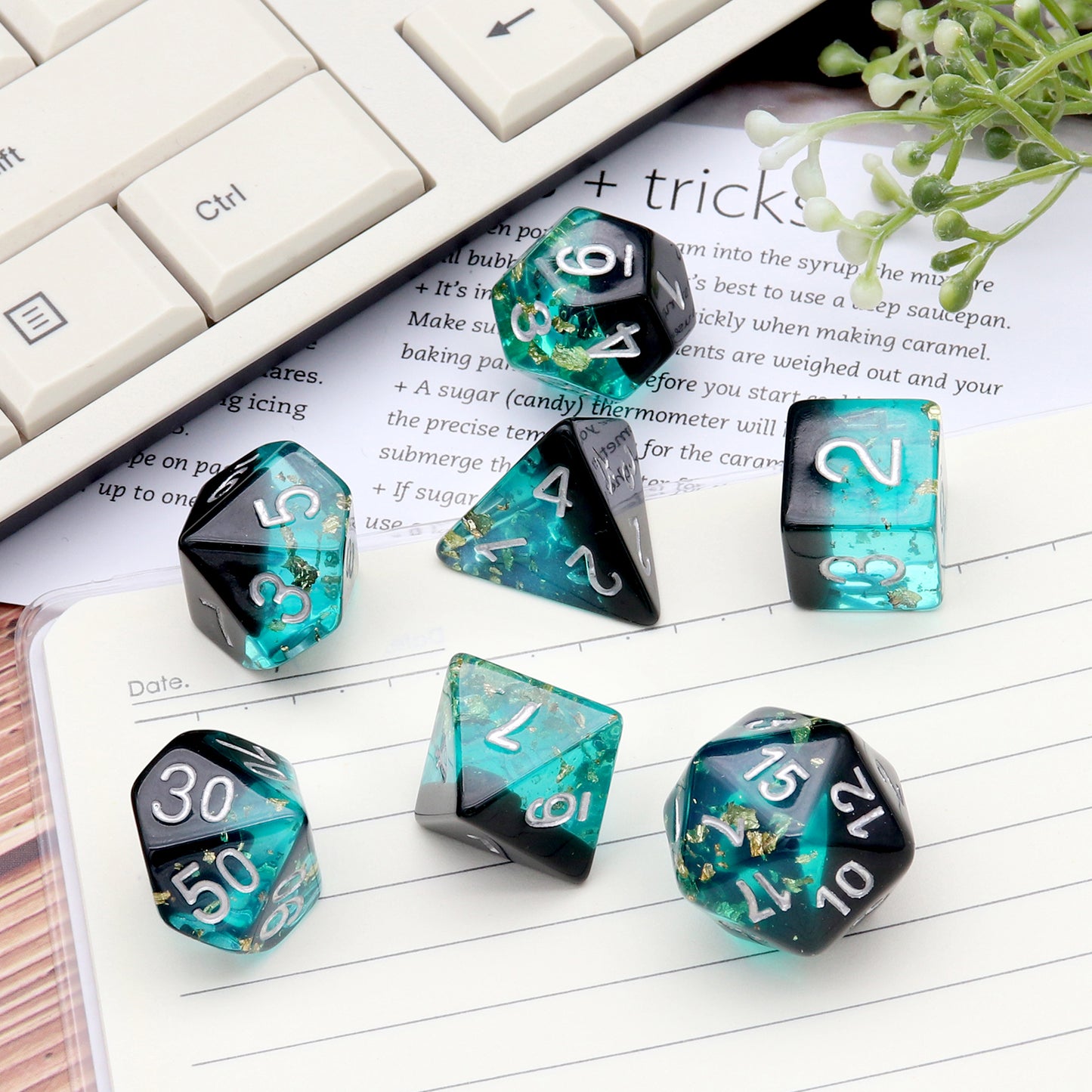 Haxtec DND Dice Set 7PCS Blue Black Polyhedral Resin Gold Foil Flakes