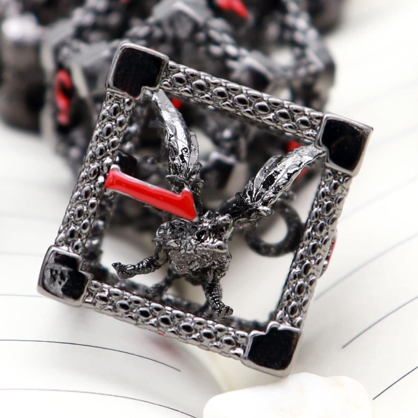 Haxtec Hollow Dragon Metal DND Dice Set With Leather Dice Bag for Dungoens and Dragons RPG Gift Black Red Numbers
