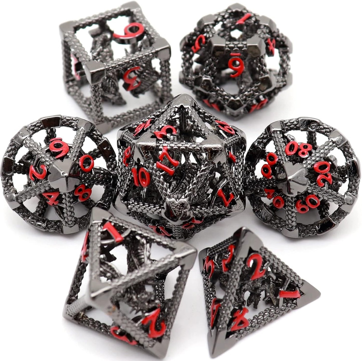 Haxtec Hollow Dragon Metal DND Dice Set With Leather Dice Bag for Dungoens and Dragons RPG Gift Black Red Numbers