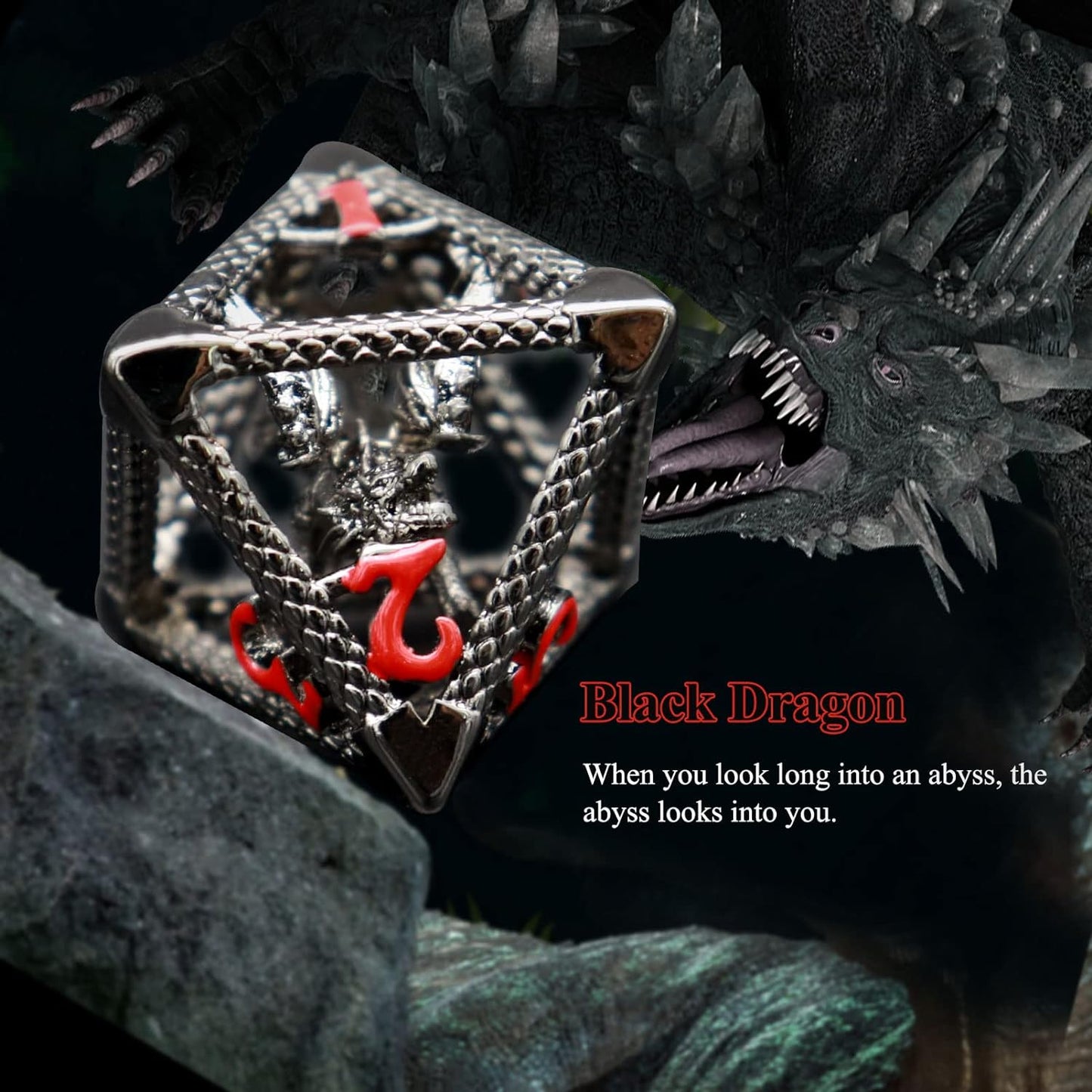 Haxtec Hollow Dragon Metal DND Dice Set With Leather Dice Bag for Dungoens and Dragons RPG Gift Black Red Numbers
