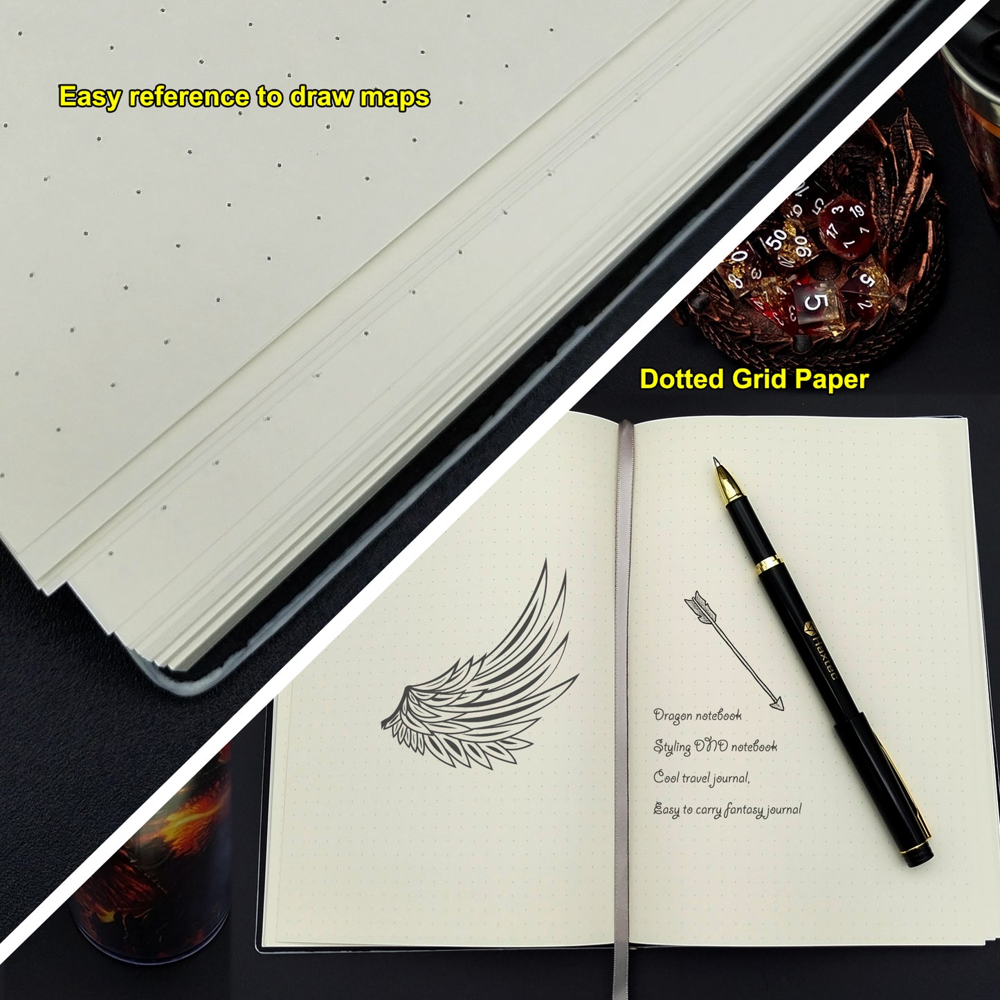 Haxtec DND Notebook Dotte Grid 3D Embossed Dragon Leather Journal W/ Pen Fantasy DND Journal for TTRPG Dungeons and Dragons DM & Player Gifts A5