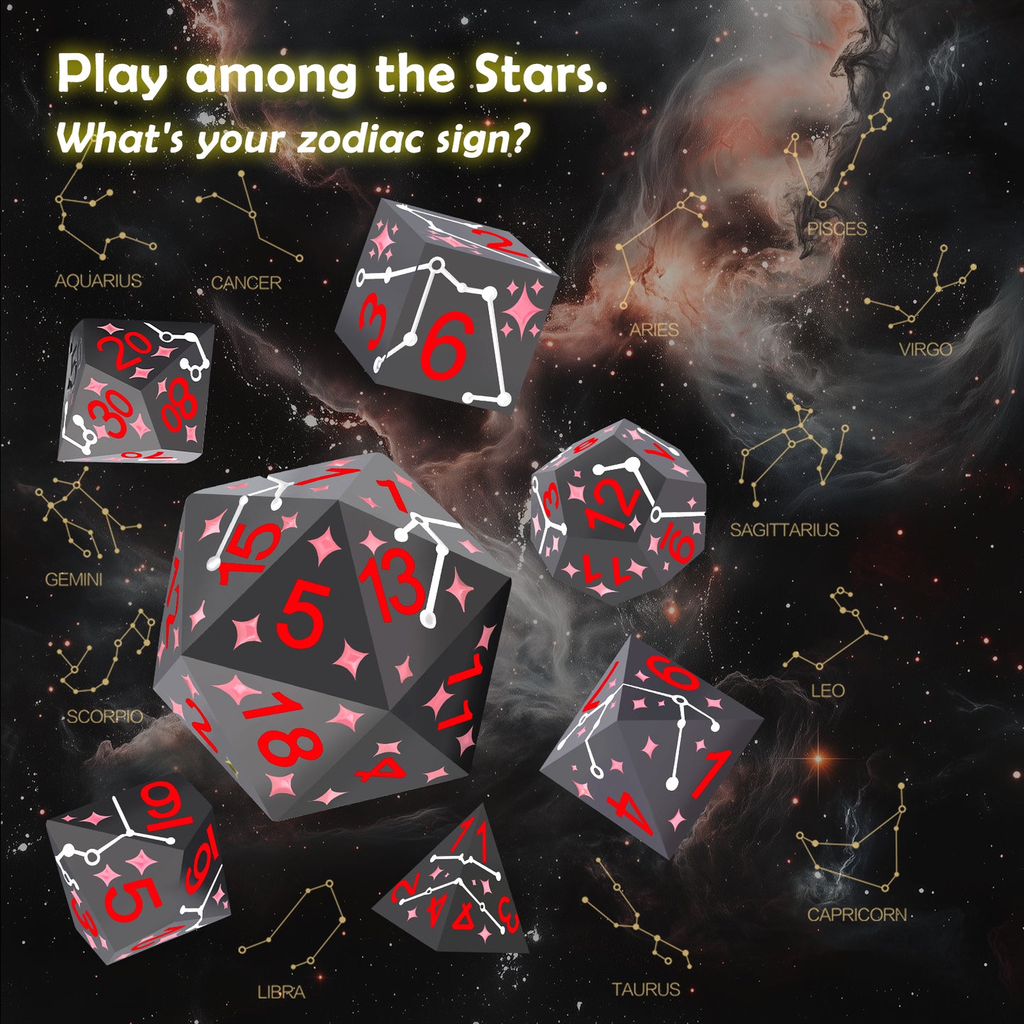 Haxtec Star Track Metal DND Dice Set for Dungeons and Dragons TTRPG-Black Pink Red