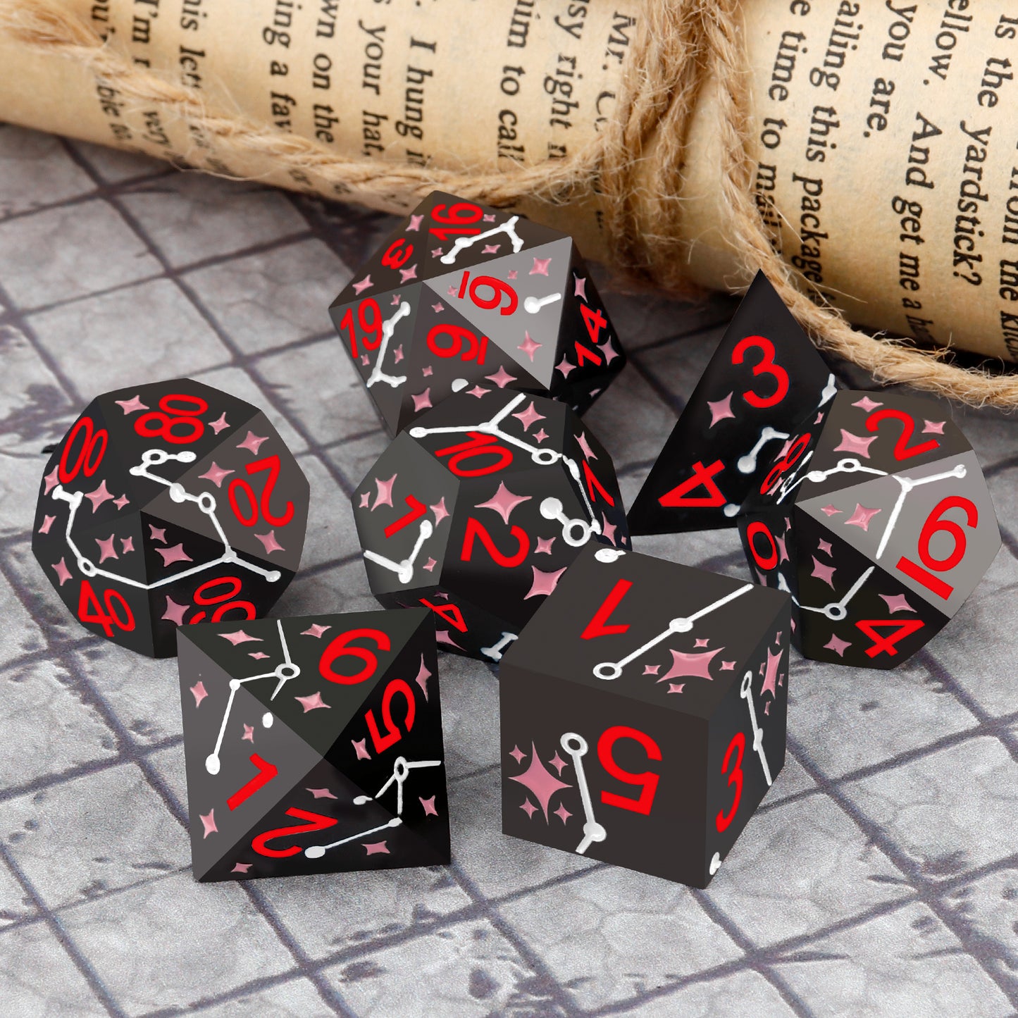 Haxtec Star Track Metal DND Dice Set for Dungeons and Dragons TTRPG-Black Pink Red