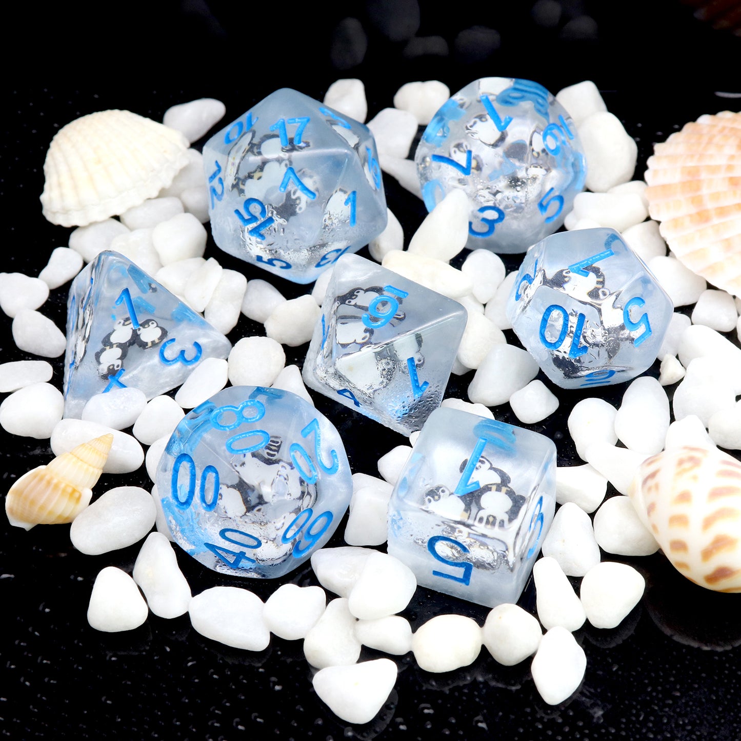 Haxtec DND Dice Set 7PCS Polyhedral Filled Resin Dice Set With Penguin Figures Inside-Penguin