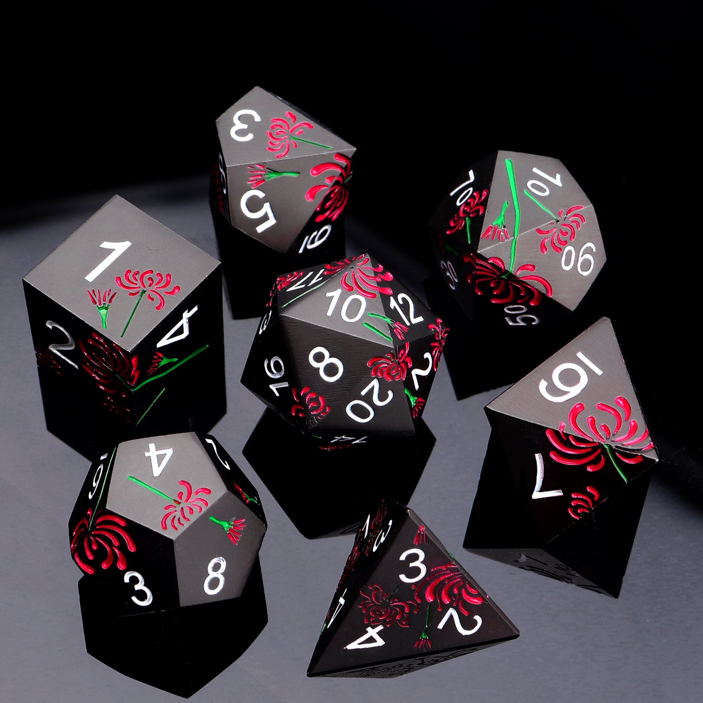 Haxtec Red Spider Lily Flower Metal DND Dice Set for Dungeons and Dragons TTRPG-Black Red