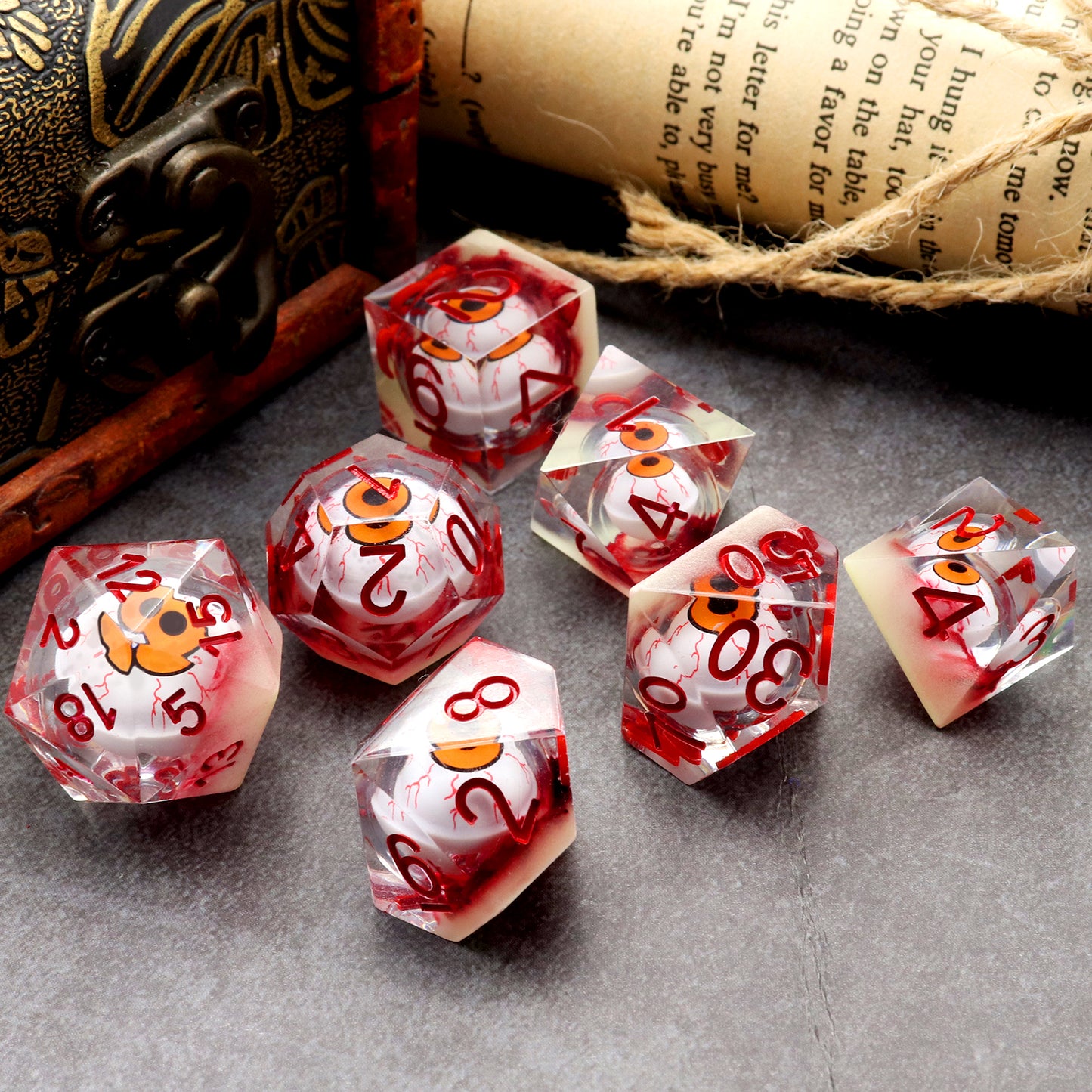 Haxtec Eyeball Sharp Edge Dice Set DND Dice Liquid Core Halloween D&D Dice for RPG Role Playing Dungeons and Dragons Gift