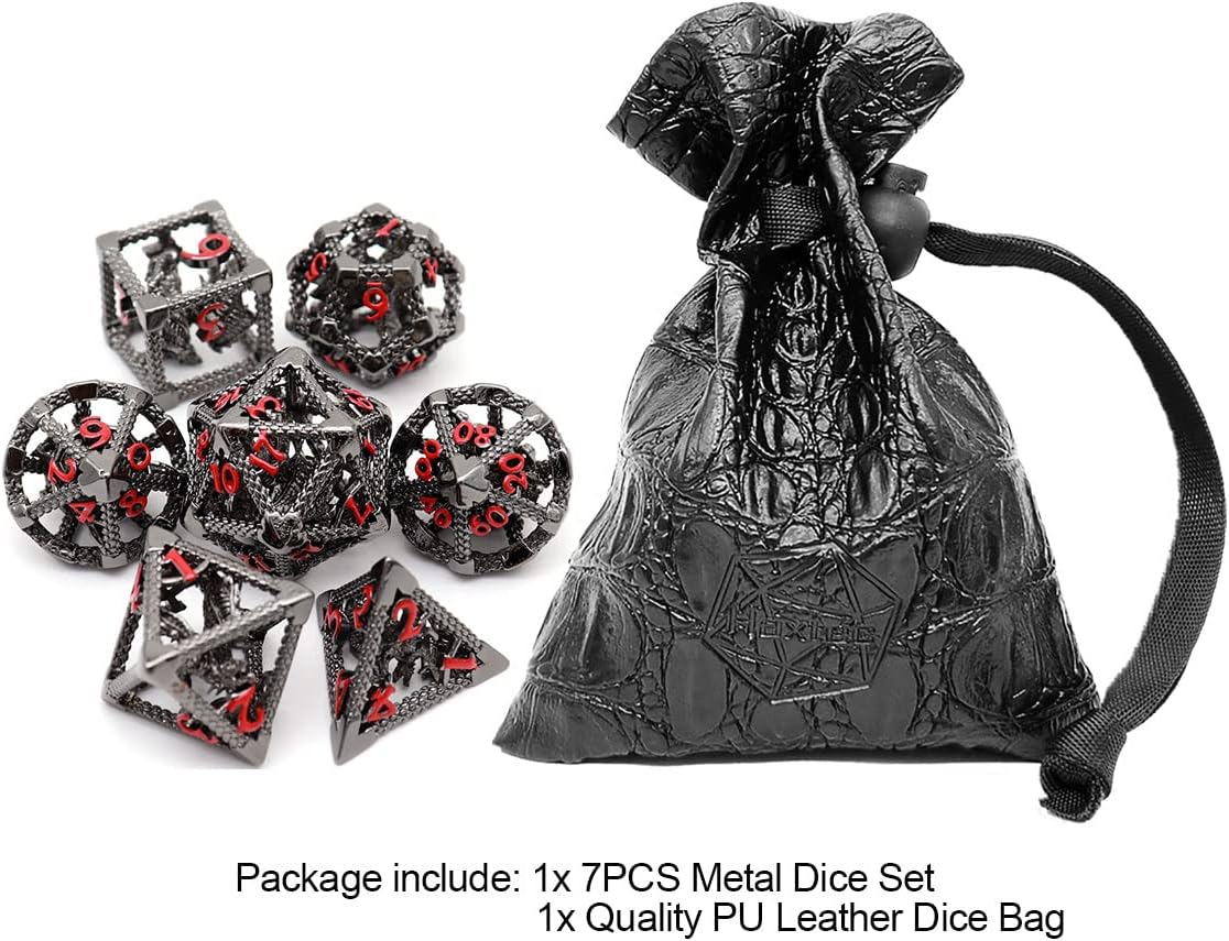 Haxtec Hollow Dragon Metal DND Dice Set With Leather Dice Bag for Dungoens and Dragons RPG Gift Black Red Numbers