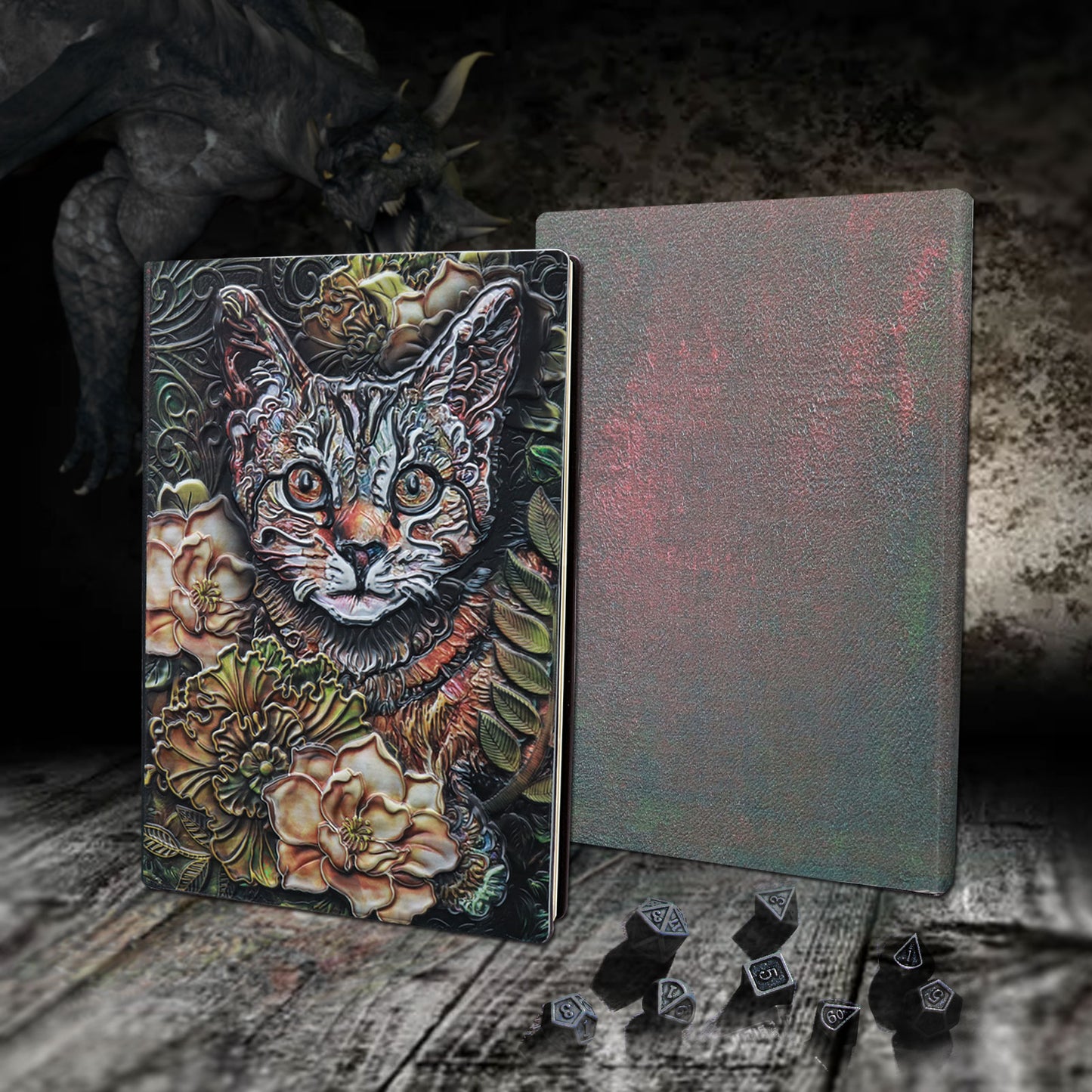 Haxtec DND Notebook 3D Embossed Colored Cat Leather Campaign Journal W/ Pen, Fantasy Journal for TTRPG Dungeons and Dragons DM & Player Gifts A5