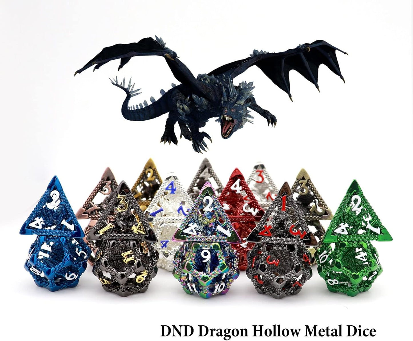 Haxtec Hollow Dragon Metal DND Dice Set With Leather Dice Bag for Dungoens and Dragons RPG Gift Black Red Numbers