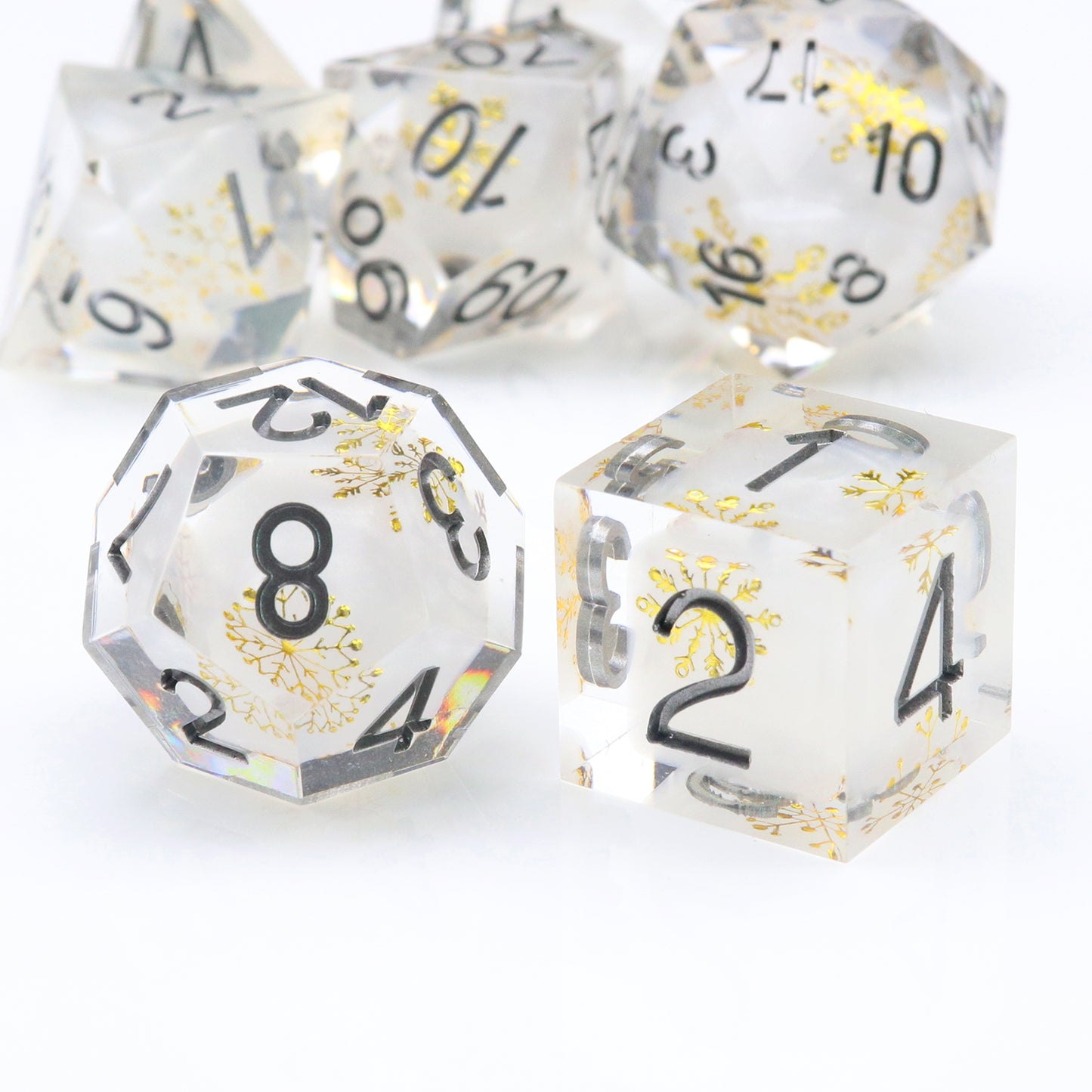 Haxtec Sharp Edge Dice Set Cute Gold Snow Flakes Christmas Resin DND Dice Set with Dice Case