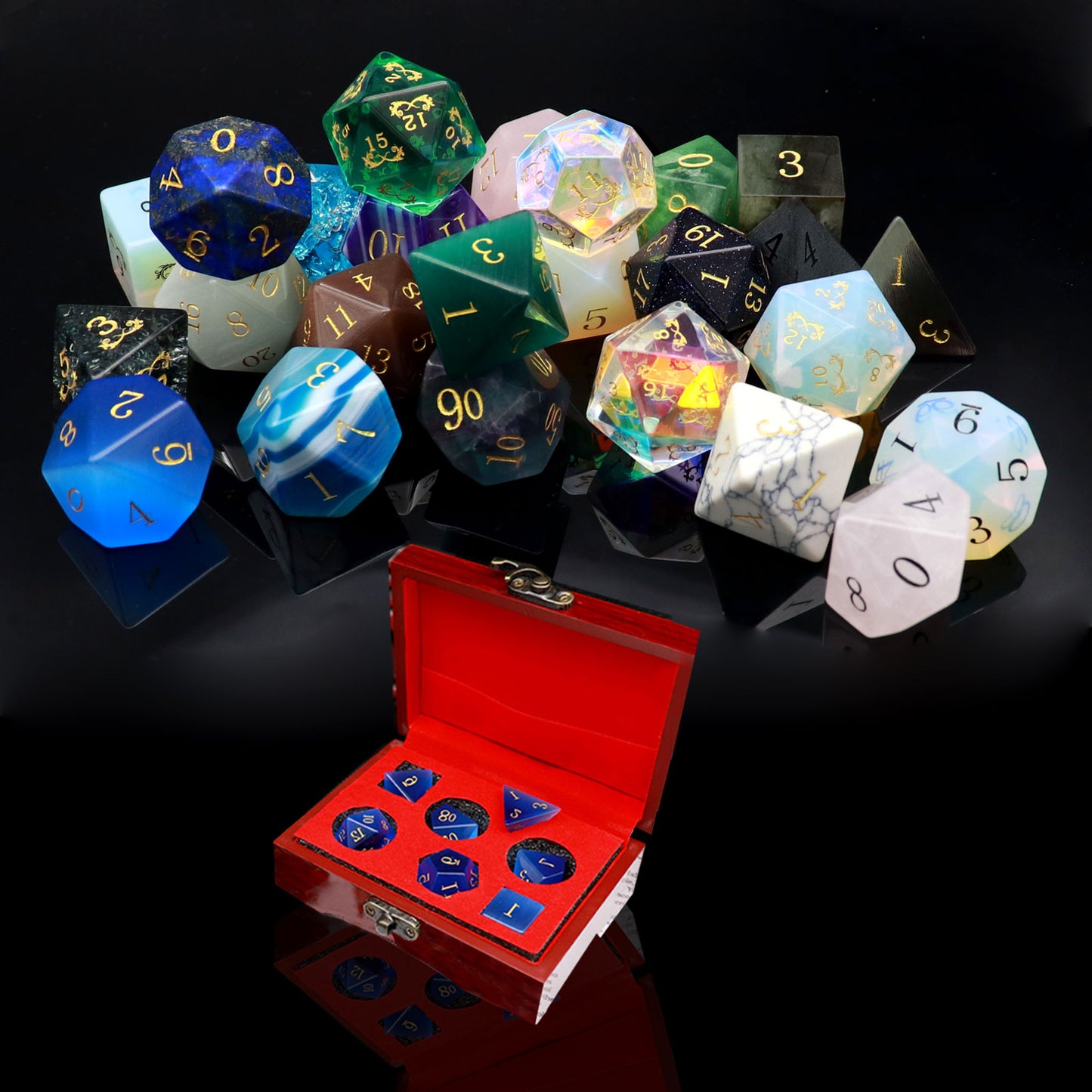 Haxtec Mystery Gemstone DND Dice Set with Wood Dice Case