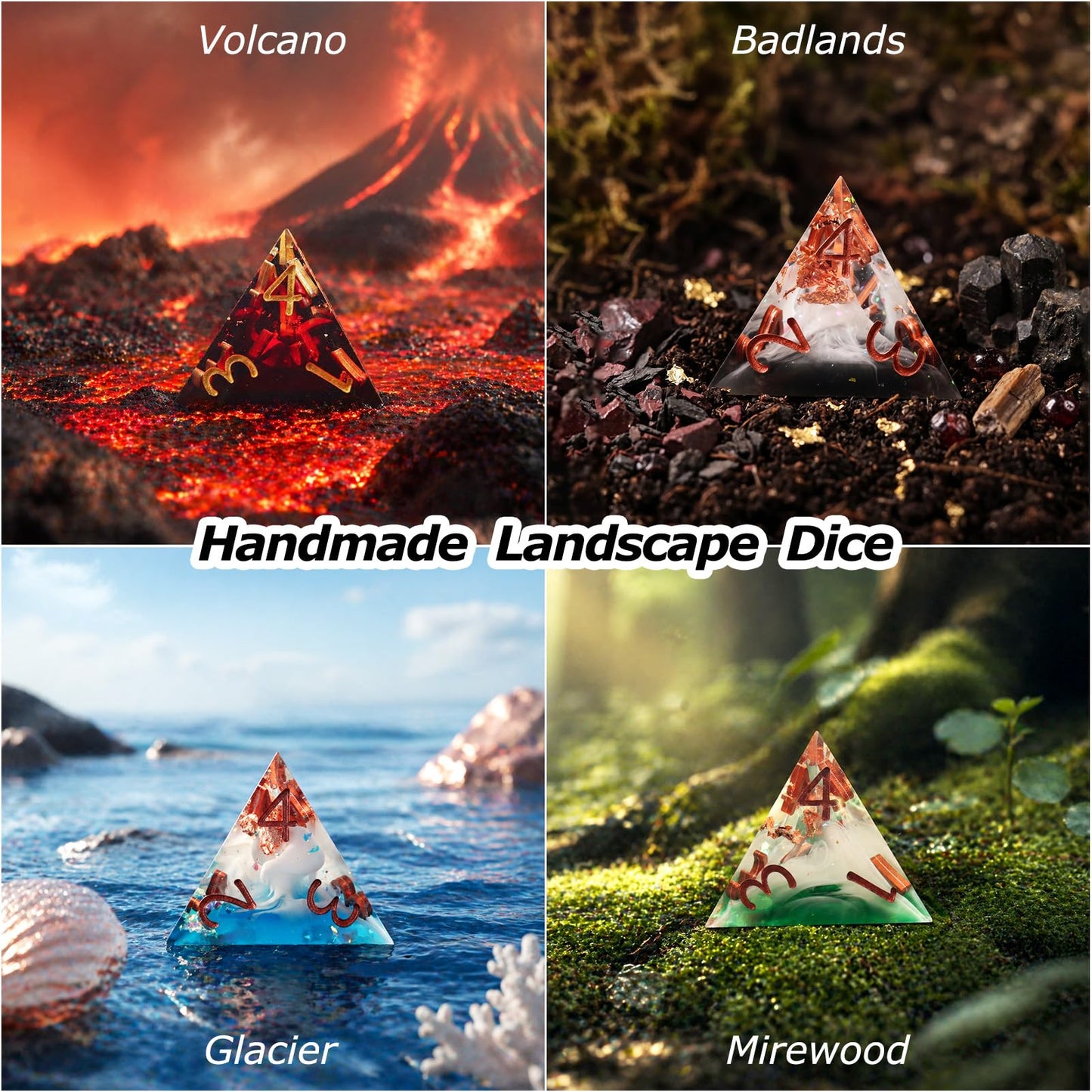 Haxtec Forest Landscape Sharp Edge Resin D&D Dice Set – Green White Copper Gold Flake insaide with Metal Case