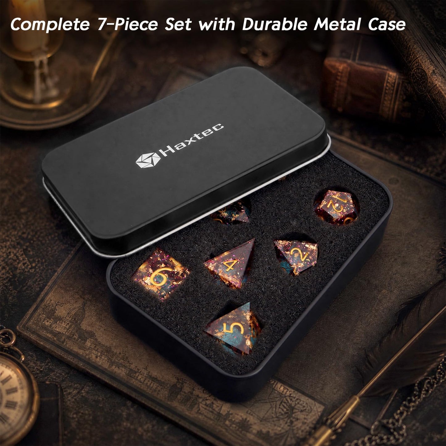 Haxtec Blood Red Liquid Core Sharp Edge Resin DND Dice Set with Metal Case